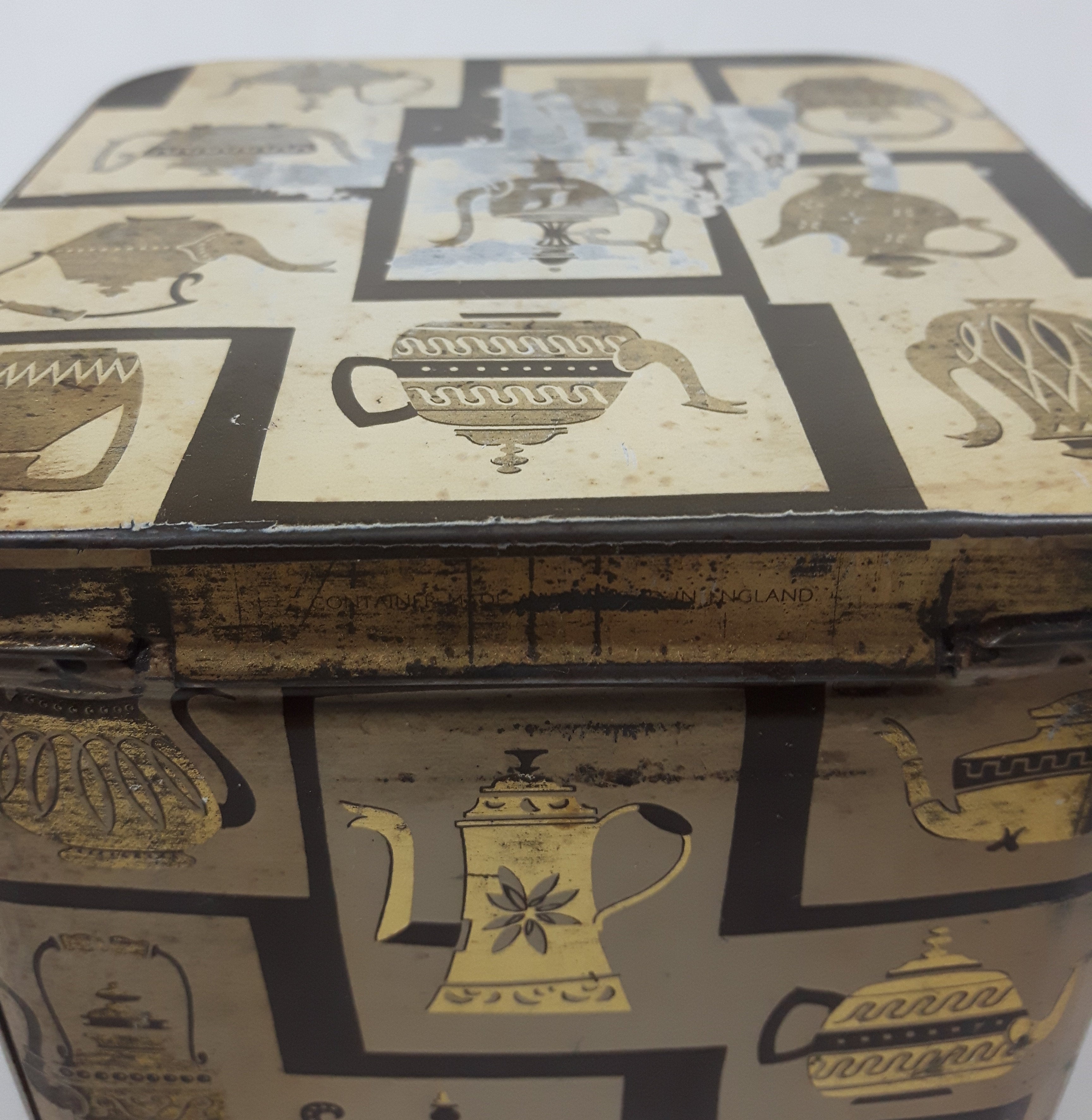 Antique J. Lyons & Co (Canada) Ltd. Toronto Vancouver Teapot Themed 4 3/8" Tall Tin Metal Container 8
