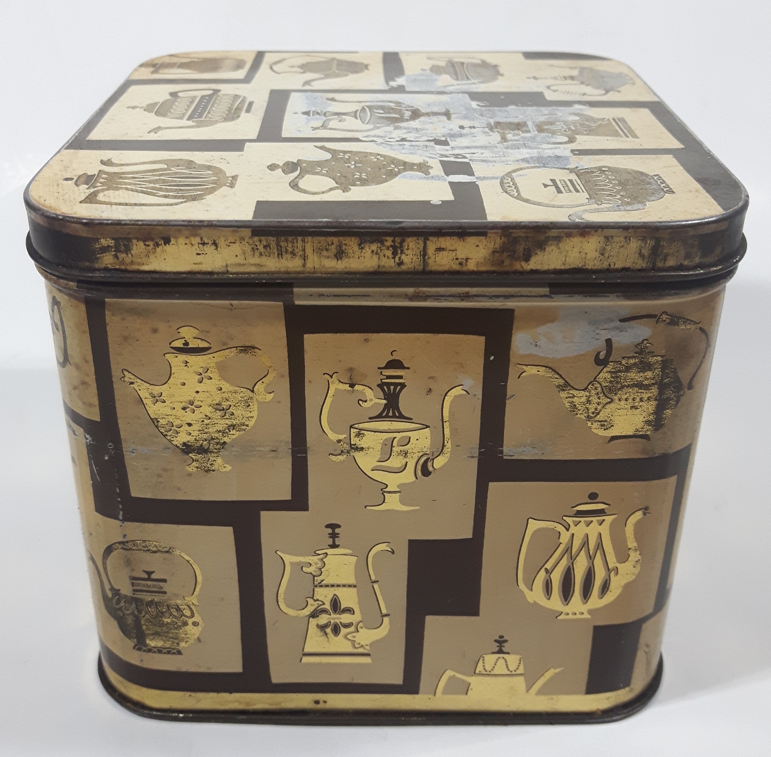 Antique J. Lyons & Co (Canada) Ltd. Toronto Vancouver Teapot Themed 4 3/8" Tall Tin Metal Container 10