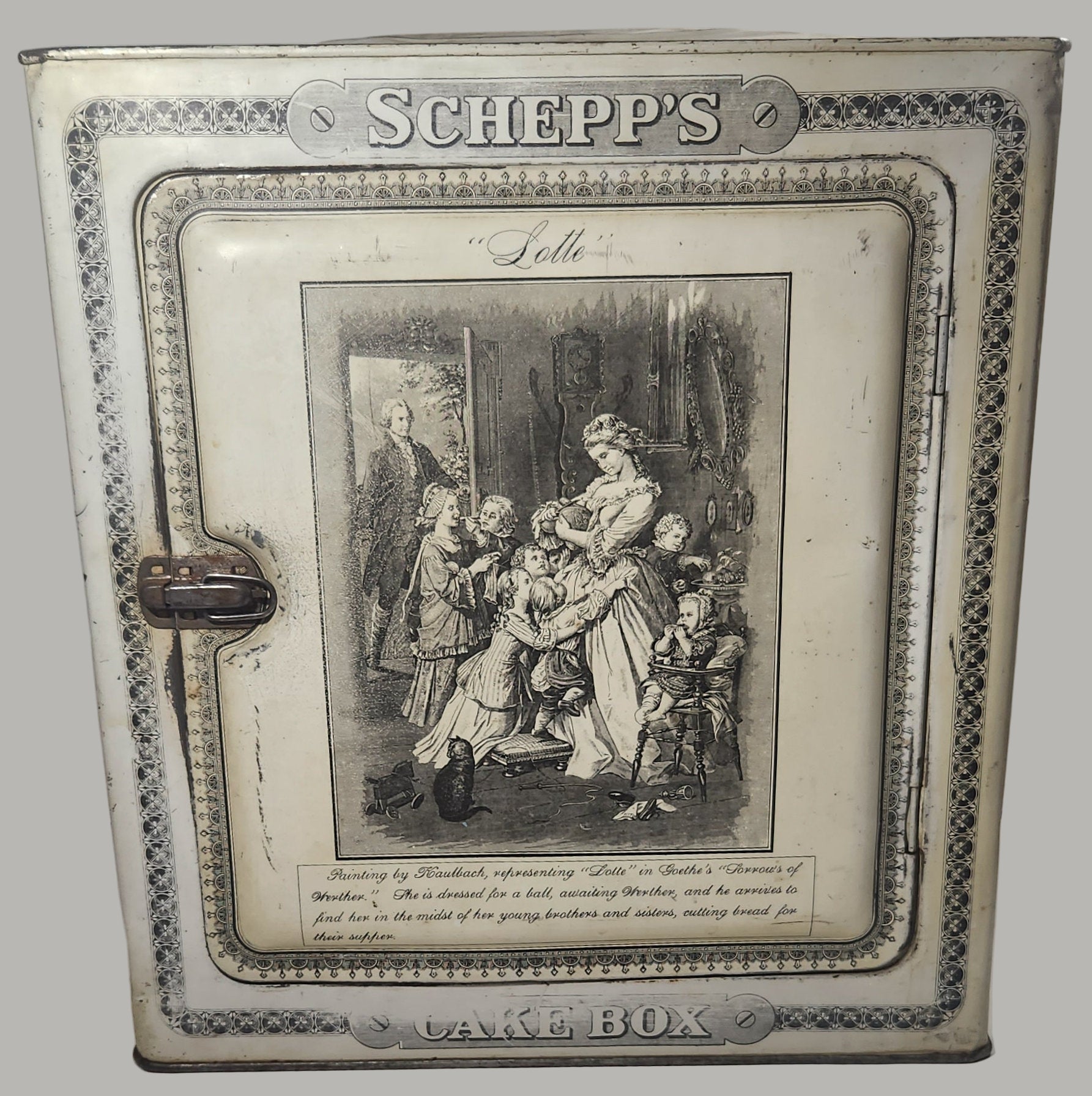 Antique Schepp's "Lili" "Lotte" "Dorothea" Metal Cake Box 14" Tall