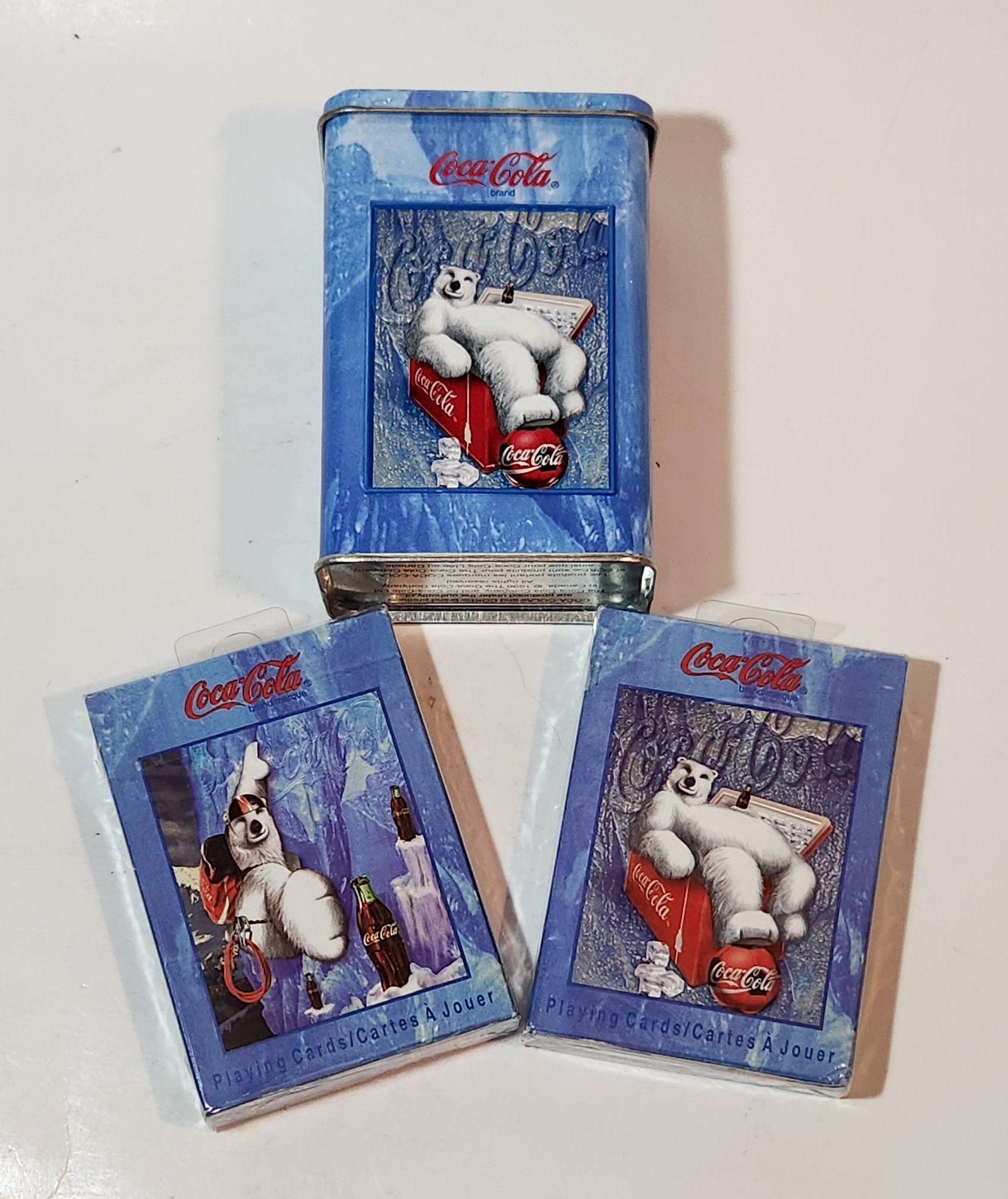 1998 Coca Cola 2 Packs of Polar Bear Themed Bicycle Playing Cards Never Opened in Embossed Tin Metal Container 2