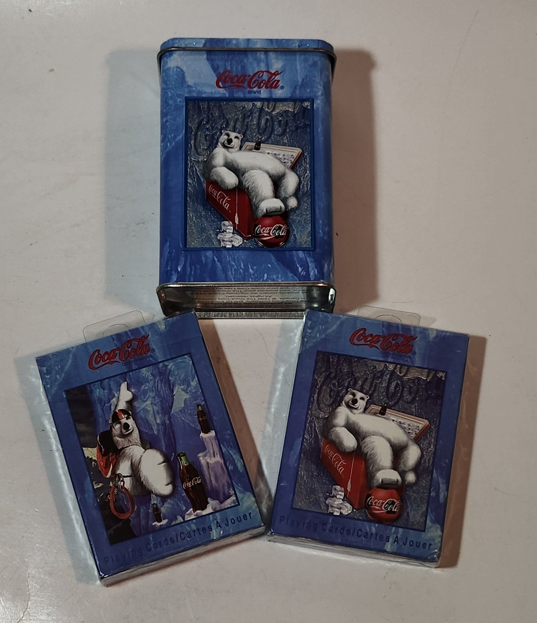 1998 Coca Cola 2 Packs of Polar Bear Themed Bicycle Playing Cards Never Opened in Embossed Tin Metal Container 3