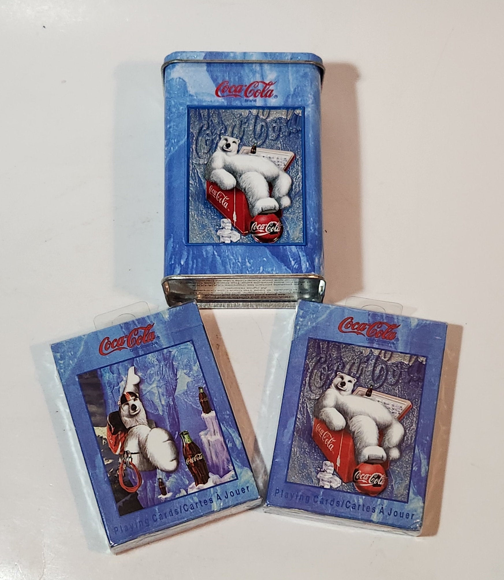 1998 Coca Cola 2 Packs of Polar Bear Themed Bicycle Playing Cards Never Opened in Embossed Tin Metal Container 4