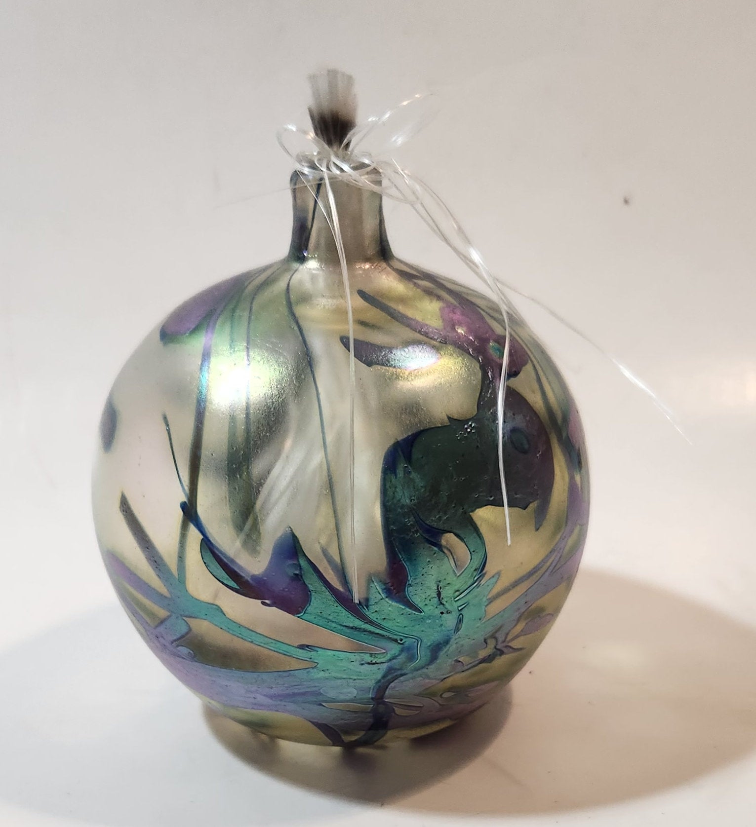 Arte Vargas Iridescent Blown Art Glass Christmas Ornament Oil Lamp Signed 5