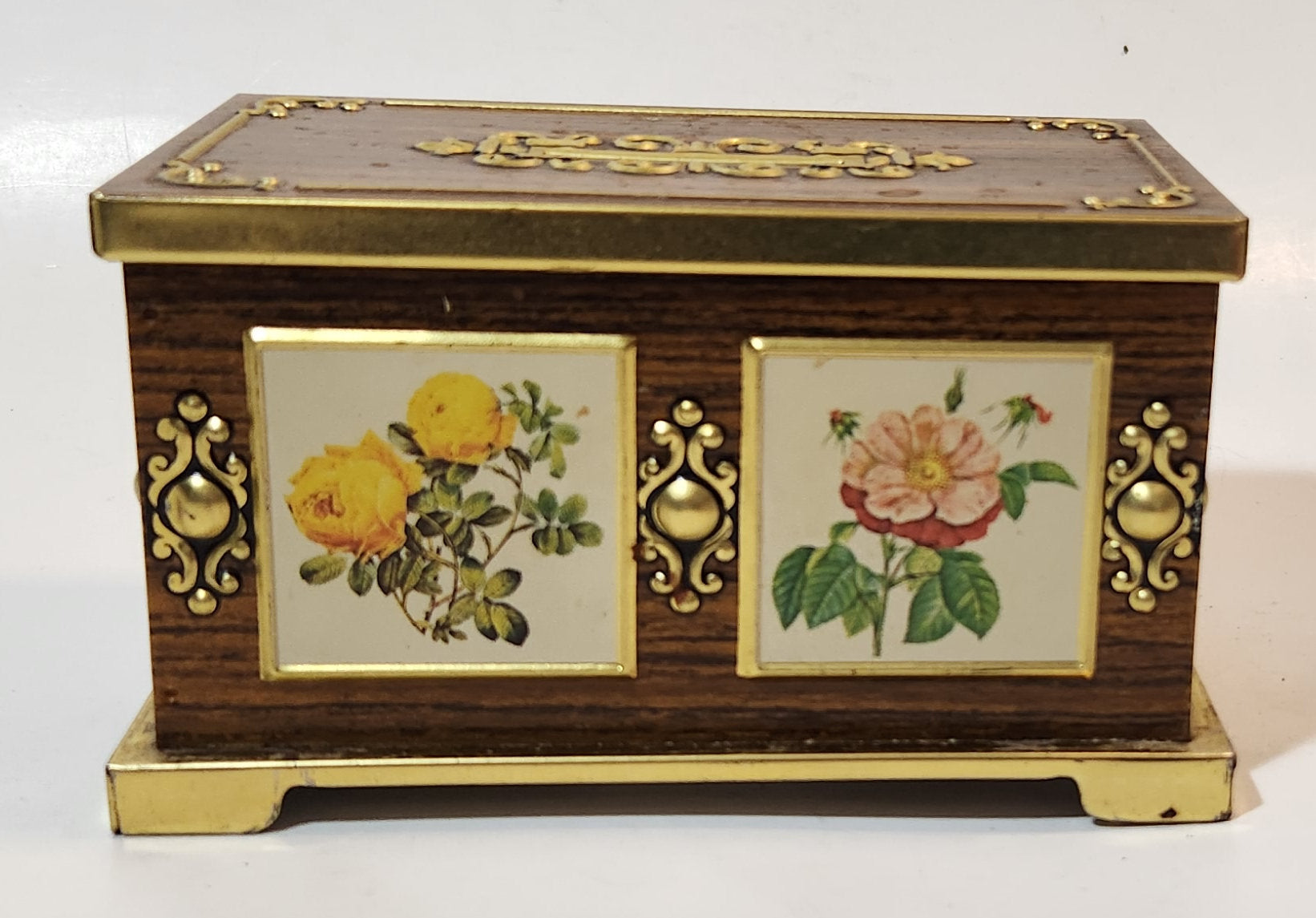 Vintage Harry Vincent Blue Bird Confectionary Pink and Yellow Flower Chest Shaped Tin Metal Coin Bank 7
