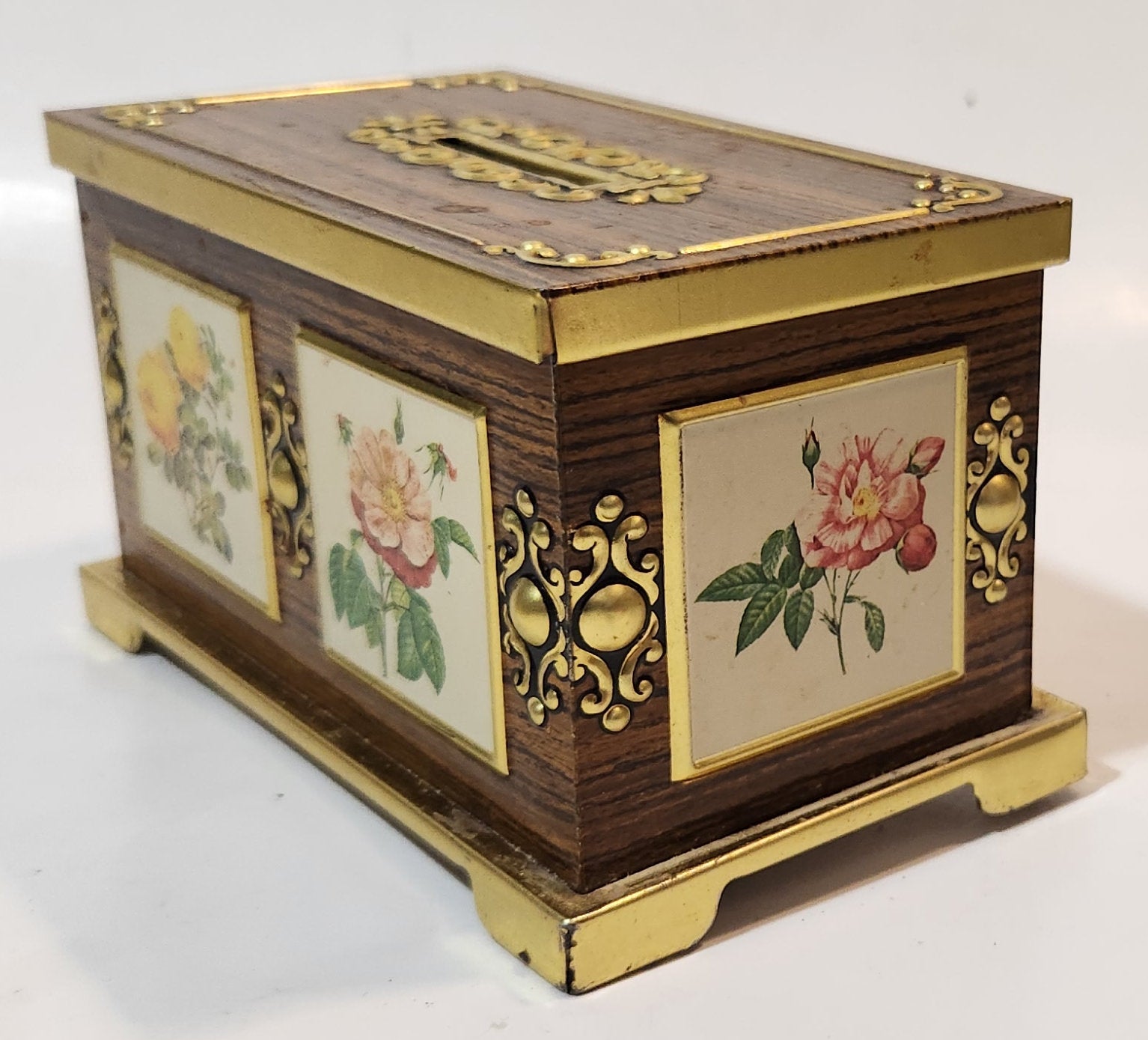 Vintage Harry Vincent Blue Bird Confectionary Pink and Yellow Flower Chest Shaped Tin Metal Coin Bank 8