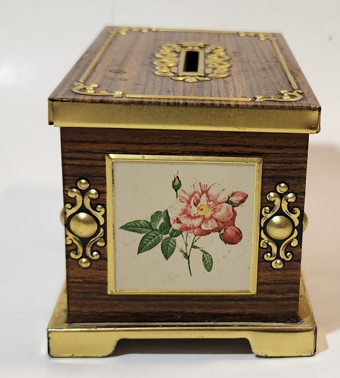 Vintage Harry Vincent Blue Bird Confectionary Pink and Yellow Flower Chest Shaped Tin Metal Coin Bank 9