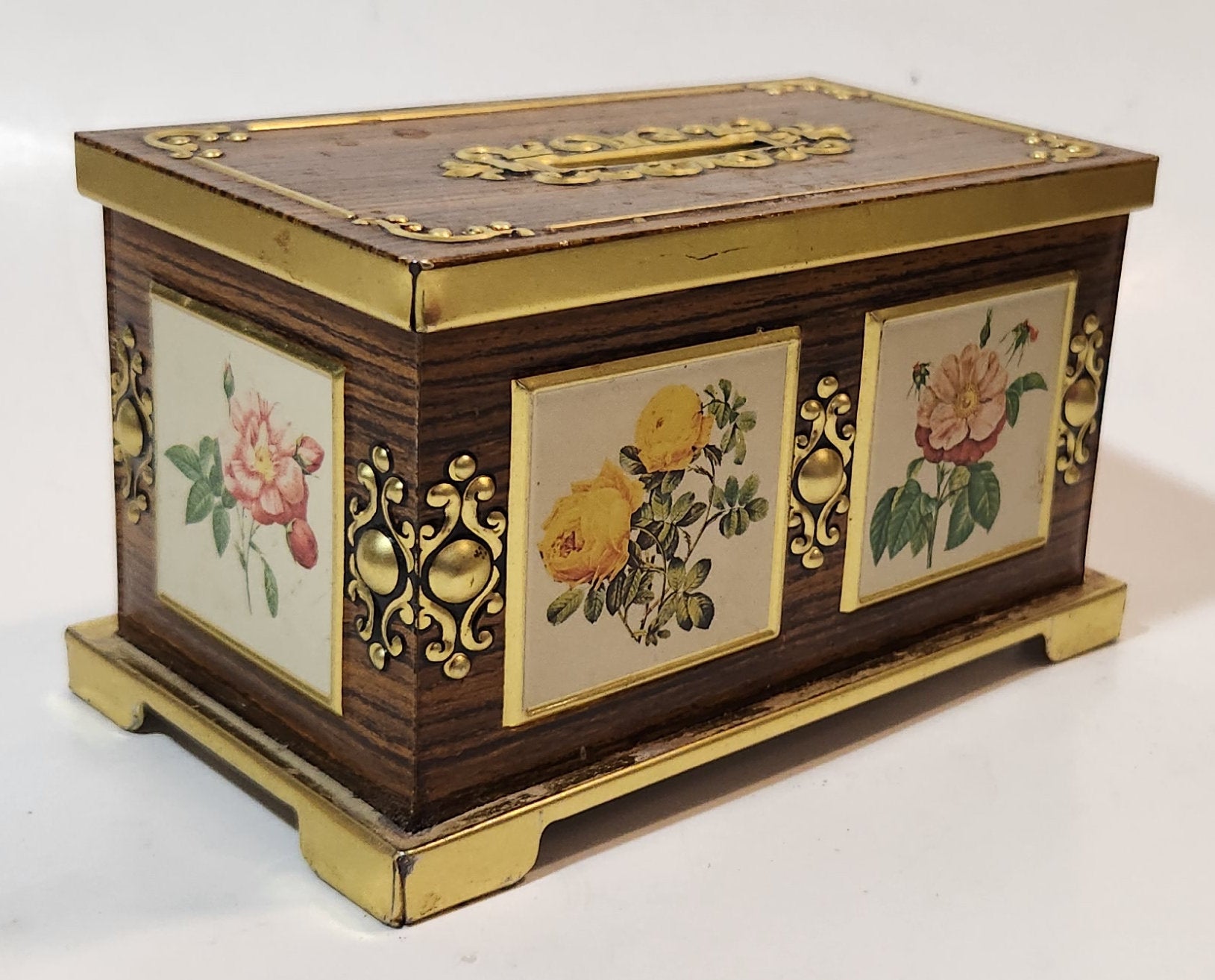 Vintage Harry Vincent Blue Bird Confectionary Pink and Yellow Flower Chest Shaped Tin Metal Coin Bank 10