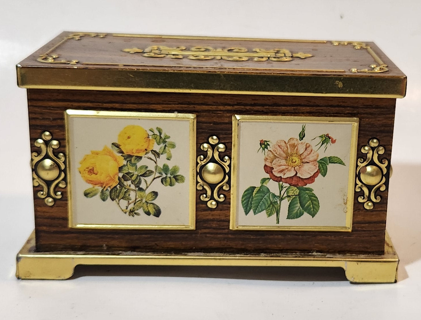 Vintage Harry Vincent Blue Bird Confectionary Pink and Yellow Flower Chest Shaped Tin Metal Coin Bank 11