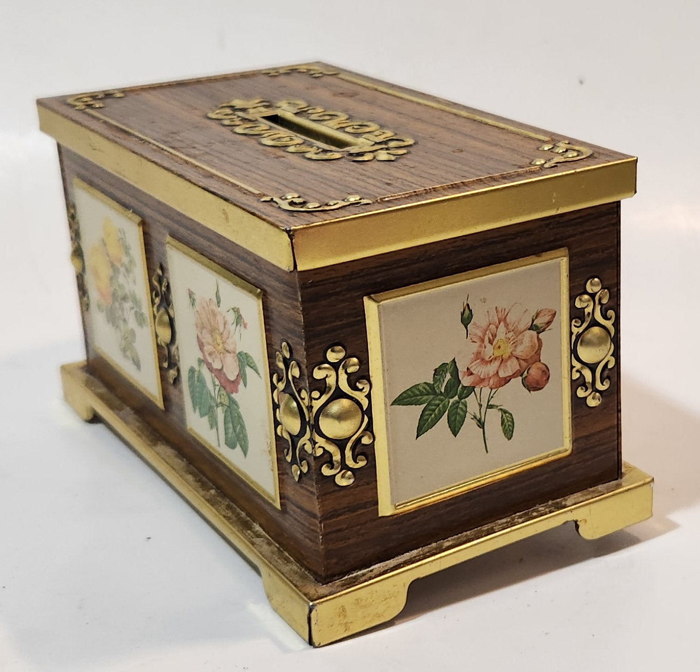 Vintage Harry Vincent Blue Bird Confectionary Pink and Yellow Flower Chest Shaped Tin Metal Coin Bank 12