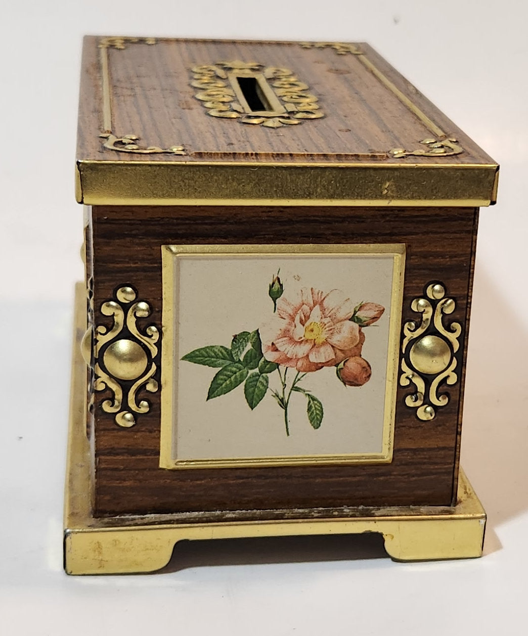 Vintage Harry Vincent Blue Bird Confectionary Pink and Yellow Flower Chest Shaped Tin Metal Coin Bank 13