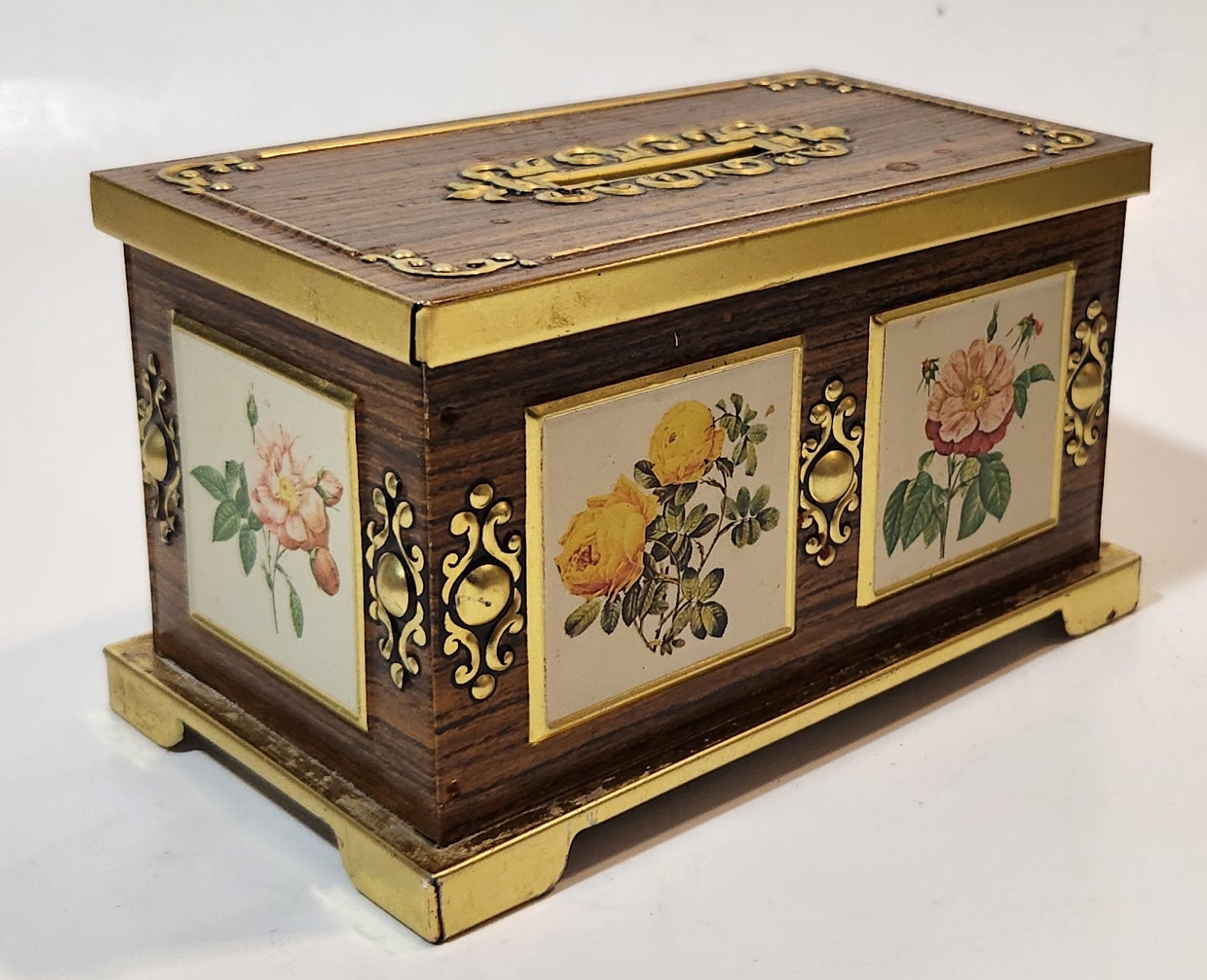 Vintage Harry Vincent Blue Bird Confectionary Pink and Yellow Flower Chest Shaped Tin Metal Coin Bank 14