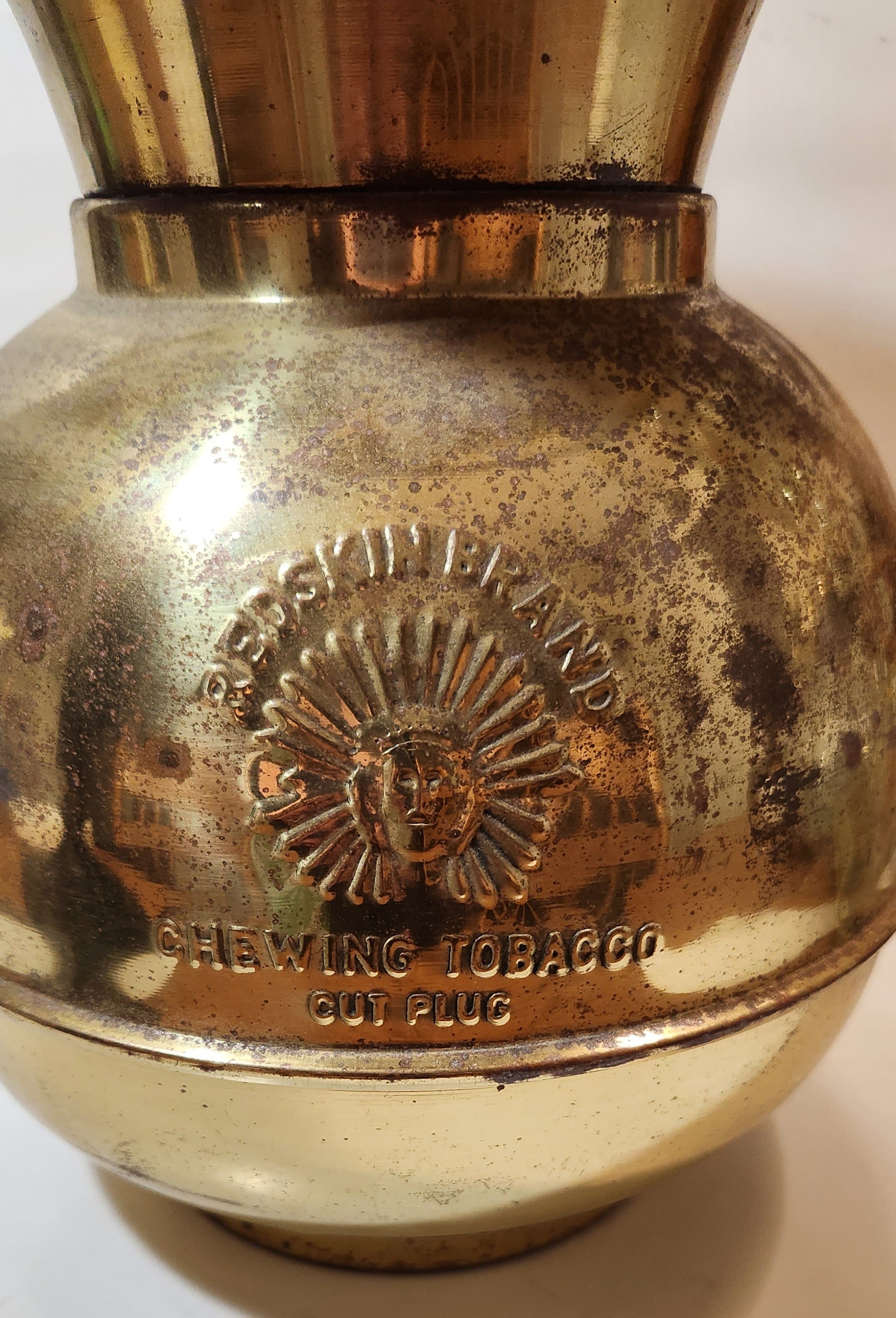 Antique Redskin Brand Chewing Tobacco Cut Plug Large Brass Plated 10 1/2" Tall Spittoon 2