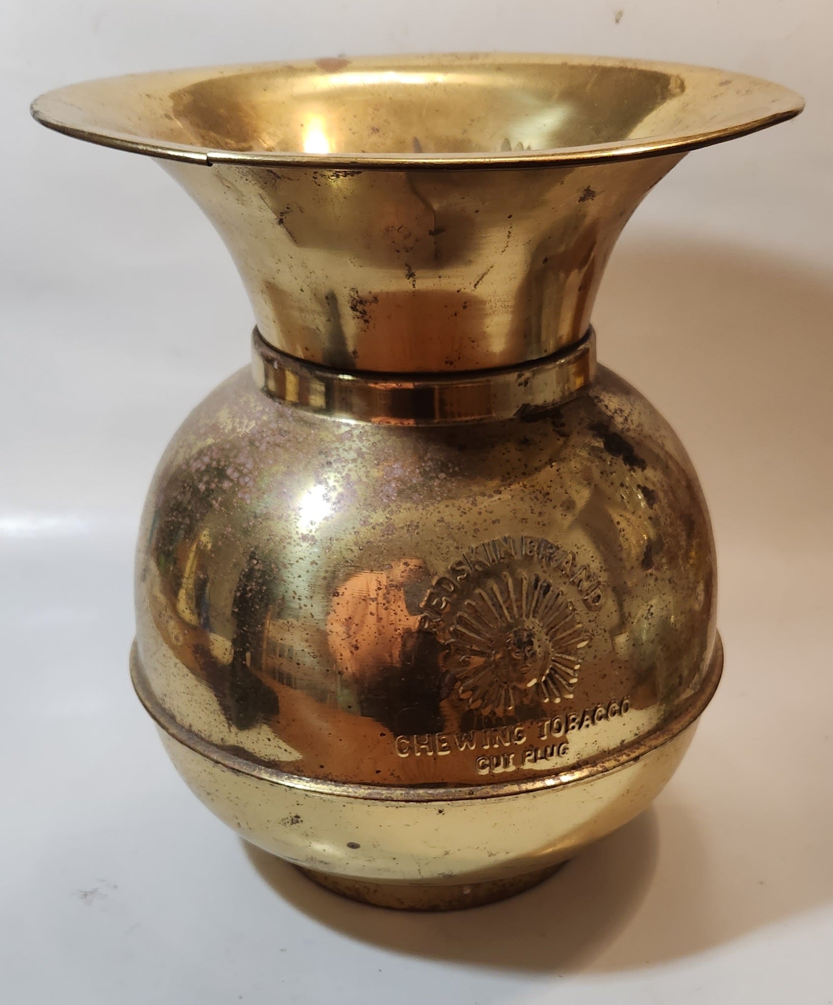 Antique Redskin Brand Chewing Tobacco Cut Plug Large Brass Plated 10 1/2" Tall Spittoon 4