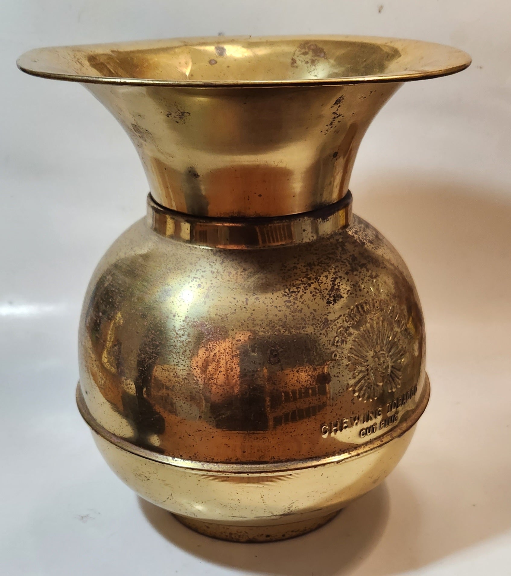 Antique Redskin Brand Chewing Tobacco Cut Plug Large Brass Plated 10 1/2" Tall Spittoon 6
