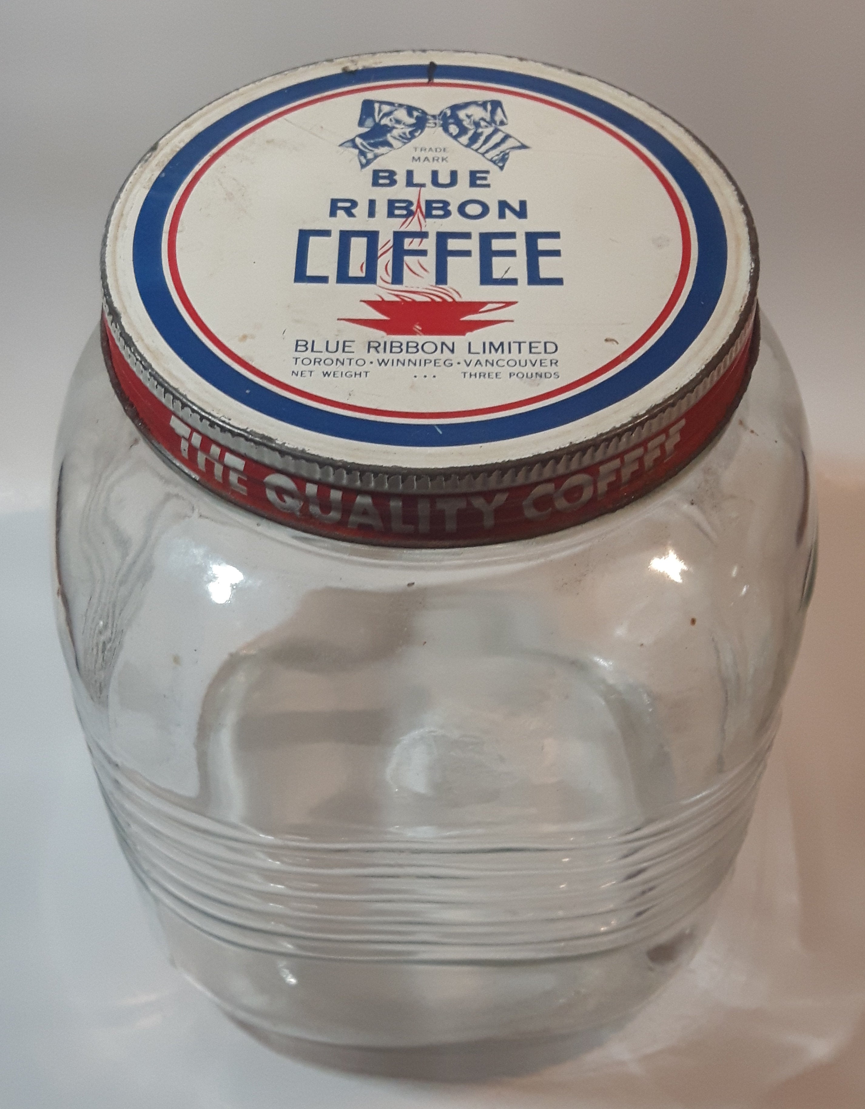 Vintage Blue Ribbon Coffee The Quality Coffee 8" Tall Heavy Ribbed Glass Jar with Metal Lid 2