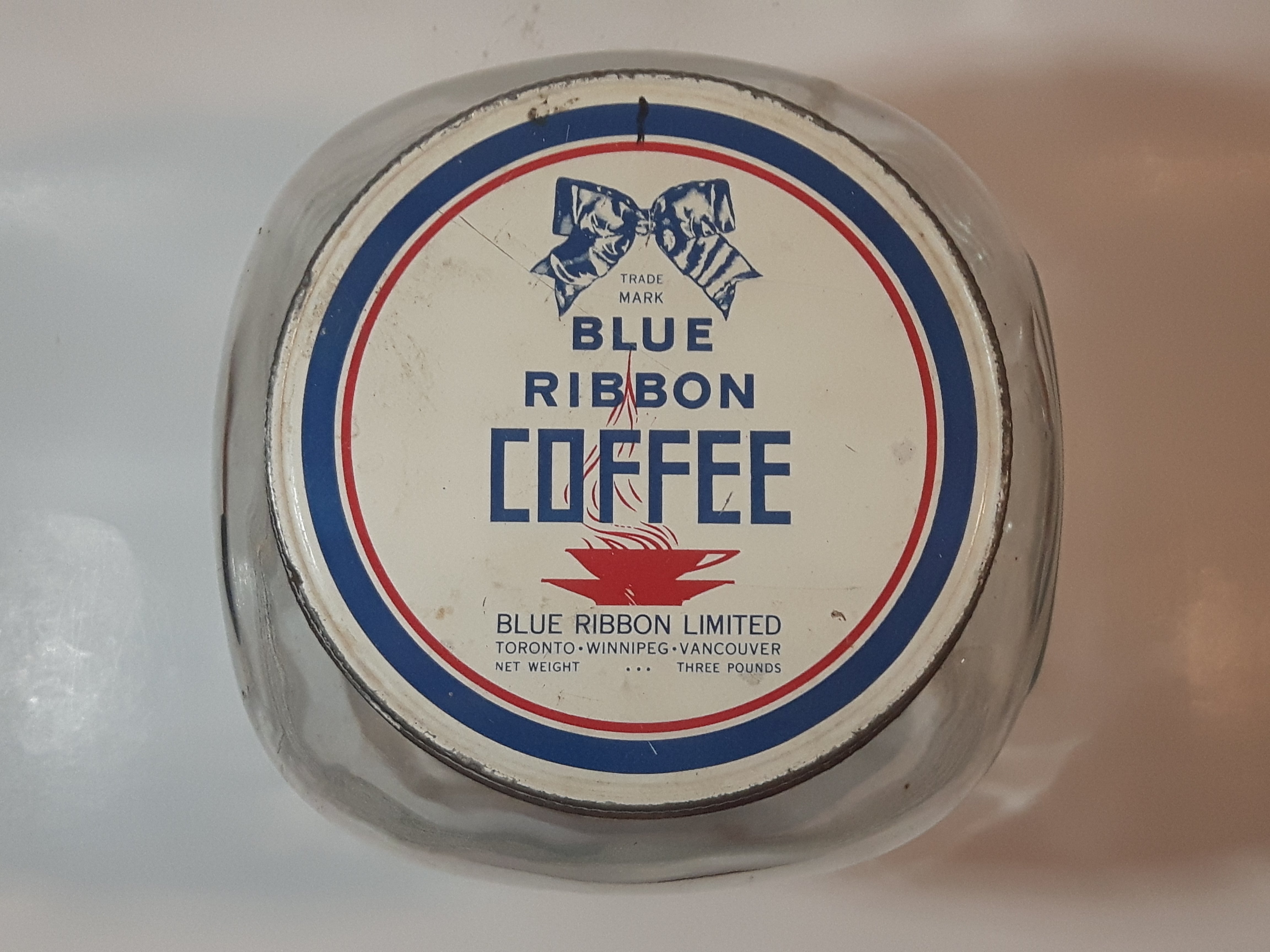 Vintage Blue Ribbon Coffee The Quality Coffee 8" Tall Heavy Ribbed Glass Jar with Metal Lid 3