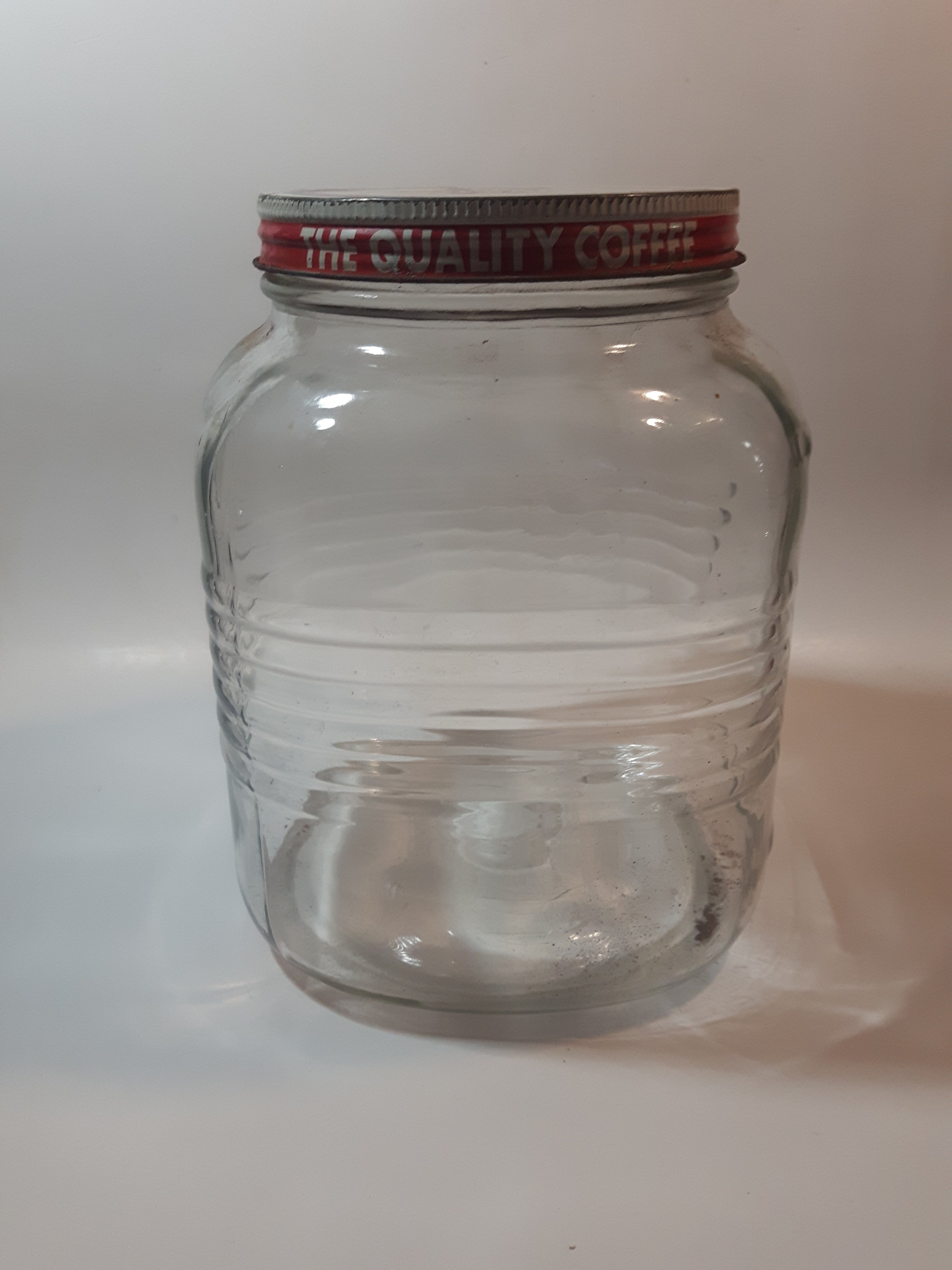 Vintage Blue Ribbon Coffee The Quality Coffee 8" Tall Heavy Ribbed Glass Jar with Metal Lid 4