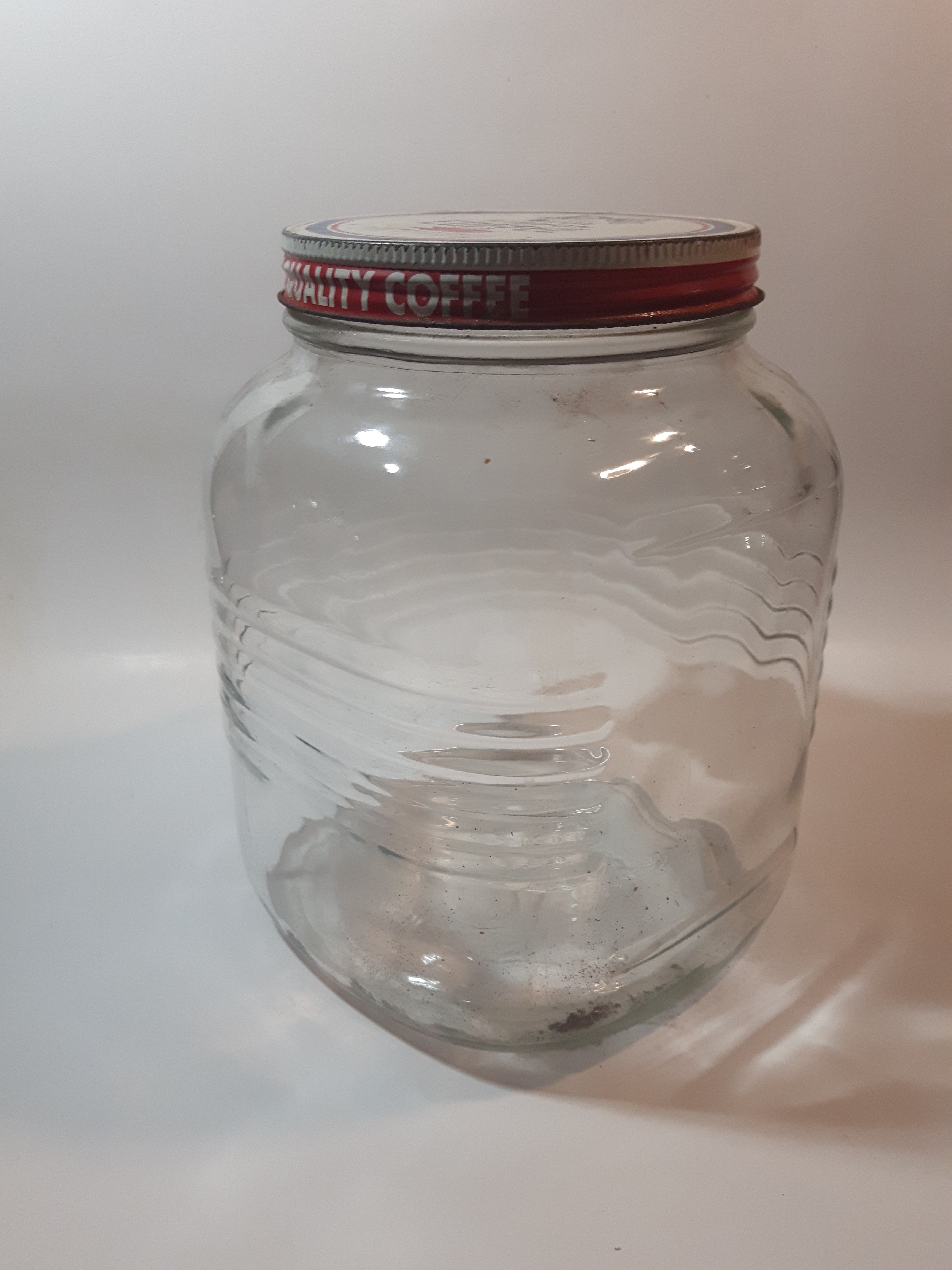 Vintage Blue Ribbon Coffee The Quality Coffee 8" Tall Heavy Ribbed Glass Jar with Metal Lid 5