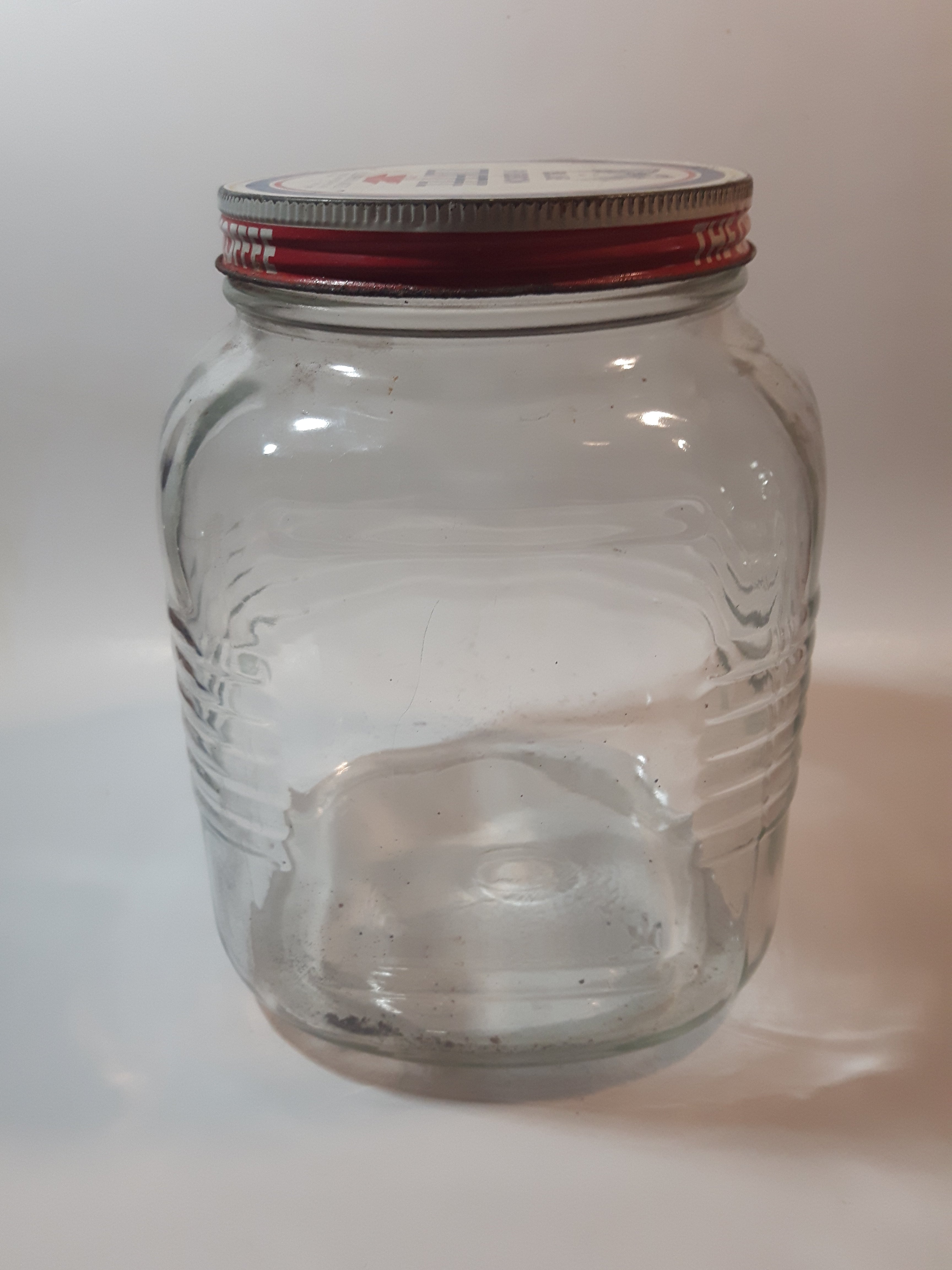 Vintage Blue Ribbon Coffee The Quality Coffee 8" Tall Heavy Ribbed Glass Jar with Metal Lid 6