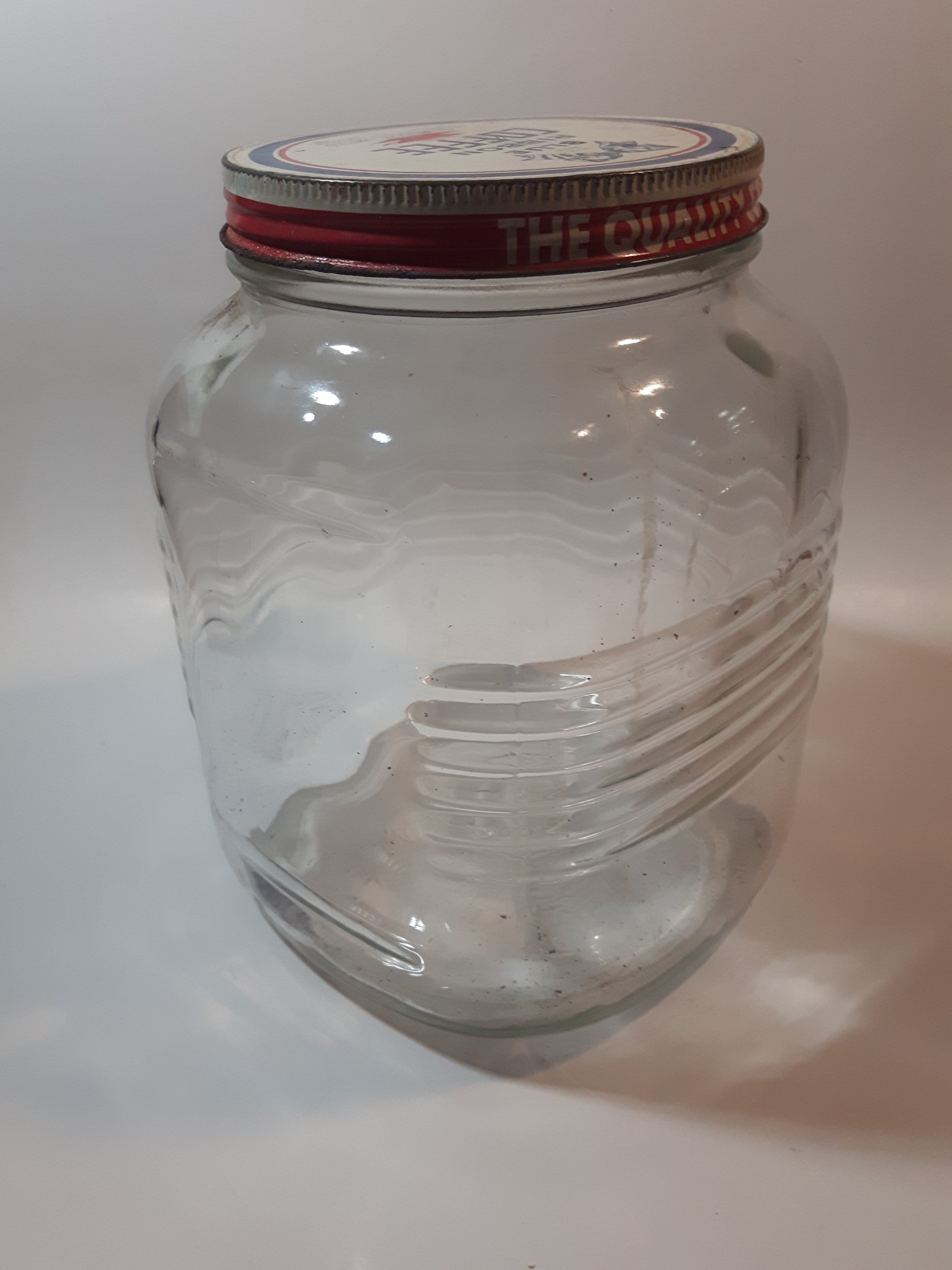 Vintage Blue Ribbon Coffee The Quality Coffee 8" Tall Heavy Ribbed Glass Jar with Metal Lid 7
