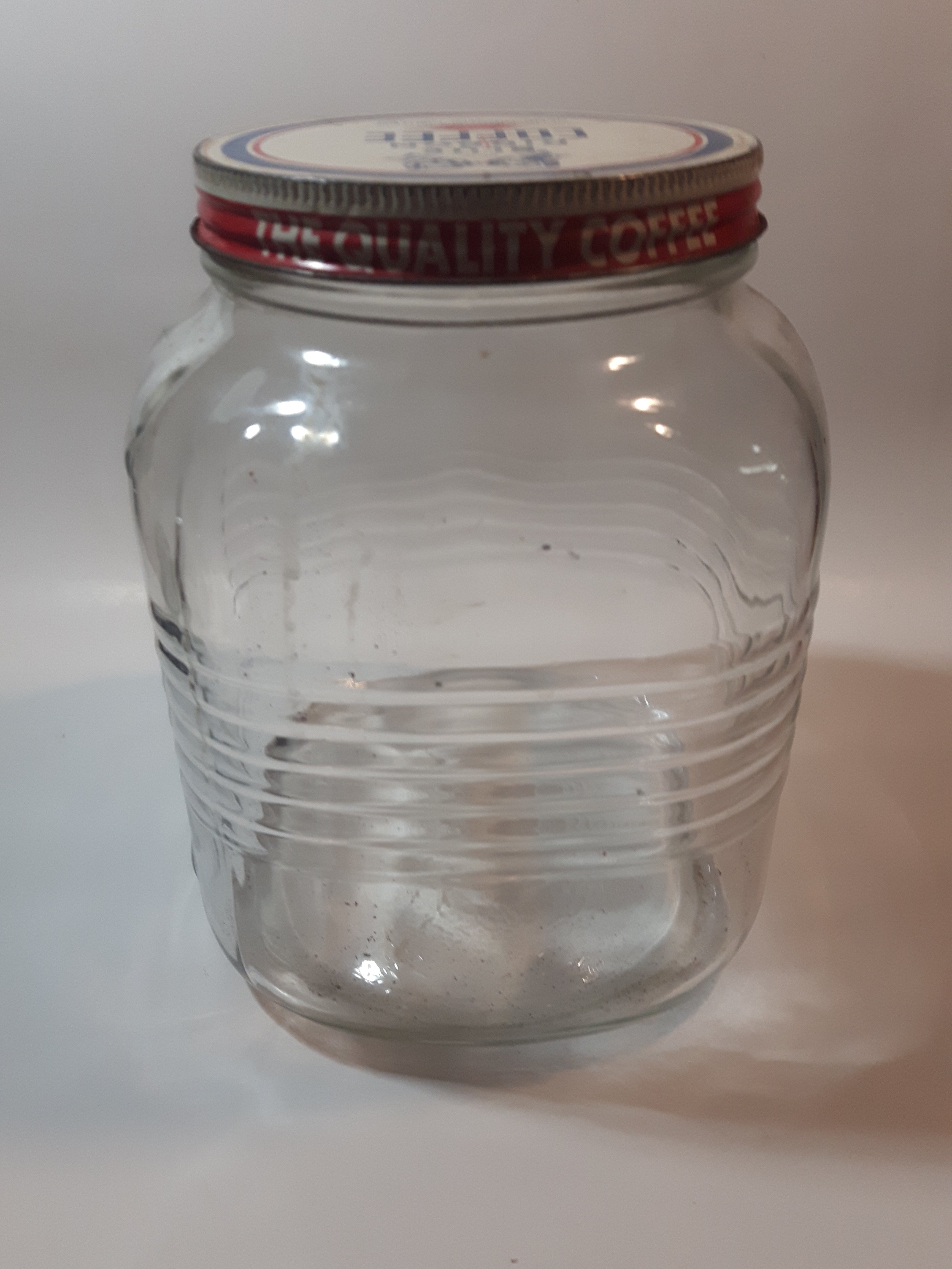 Vintage Blue Ribbon Coffee The Quality Coffee 8" Tall Heavy Ribbed Glass Jar with Metal Lid 8