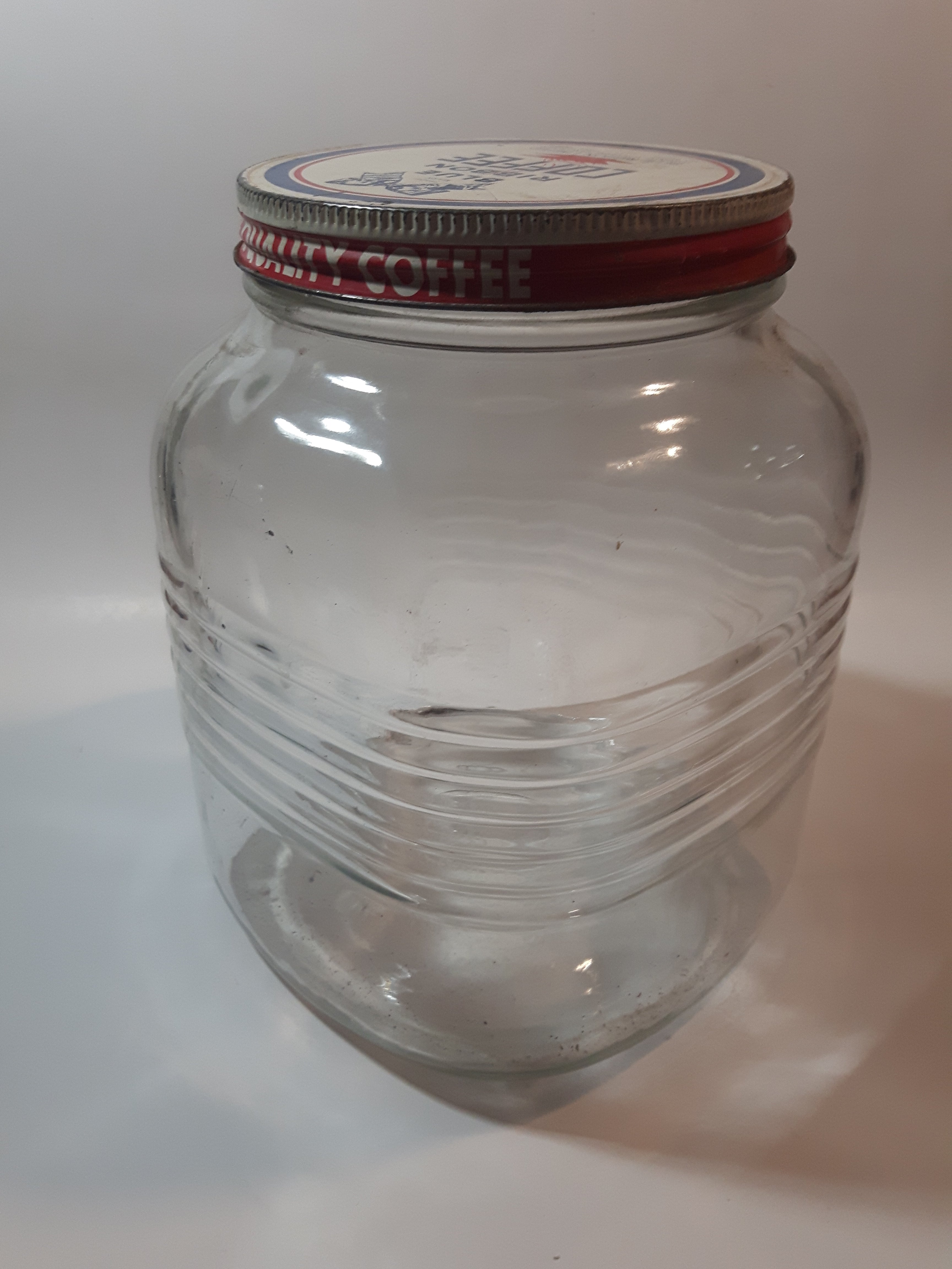 Vintage Blue Ribbon Coffee The Quality Coffee 8" Tall Heavy Ribbed Glass Jar with Metal Lid 9