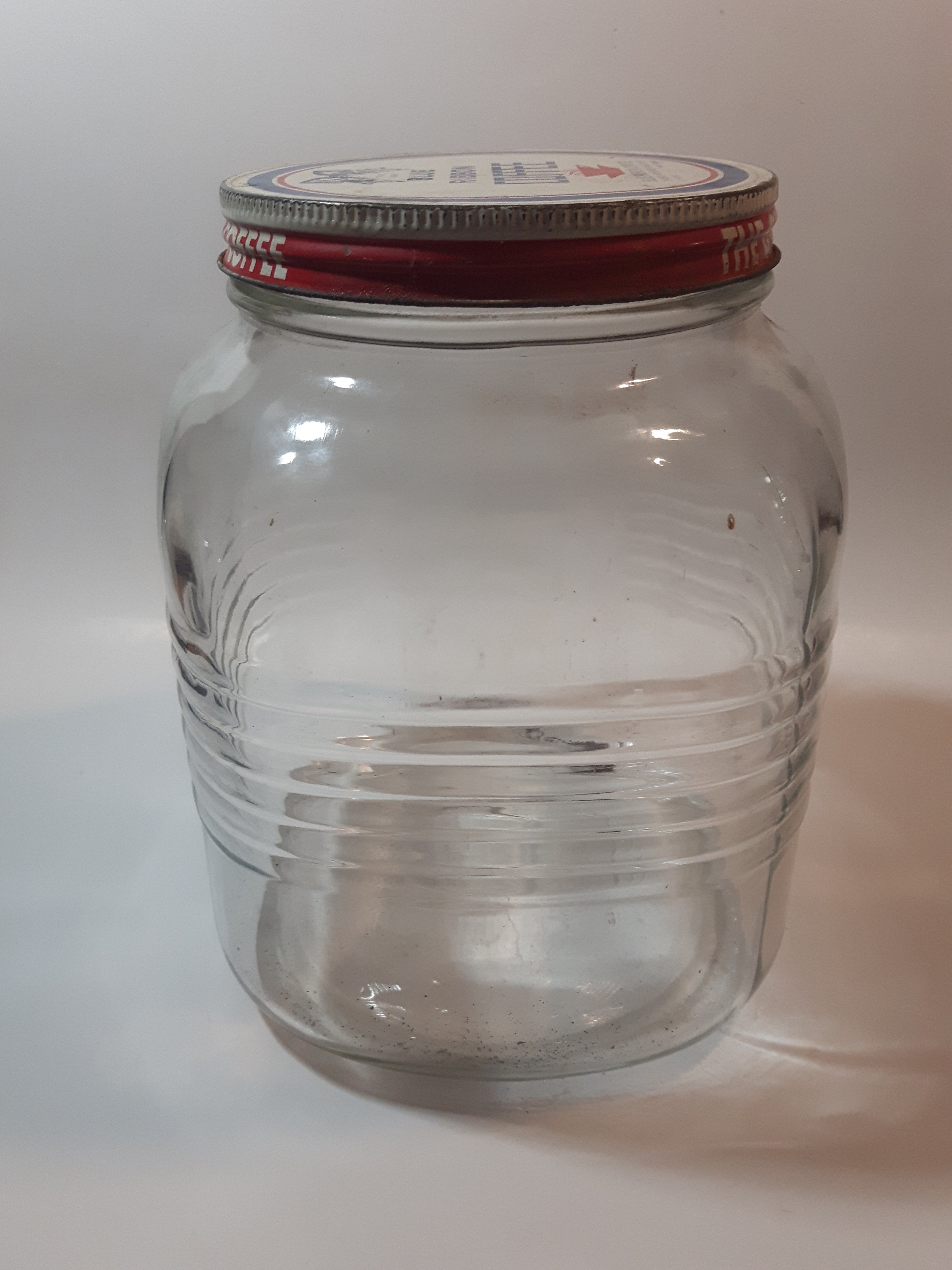 Vintage Blue Ribbon Coffee The Quality Coffee 8" Tall Heavy Ribbed Glass Jar with Metal Lid 10