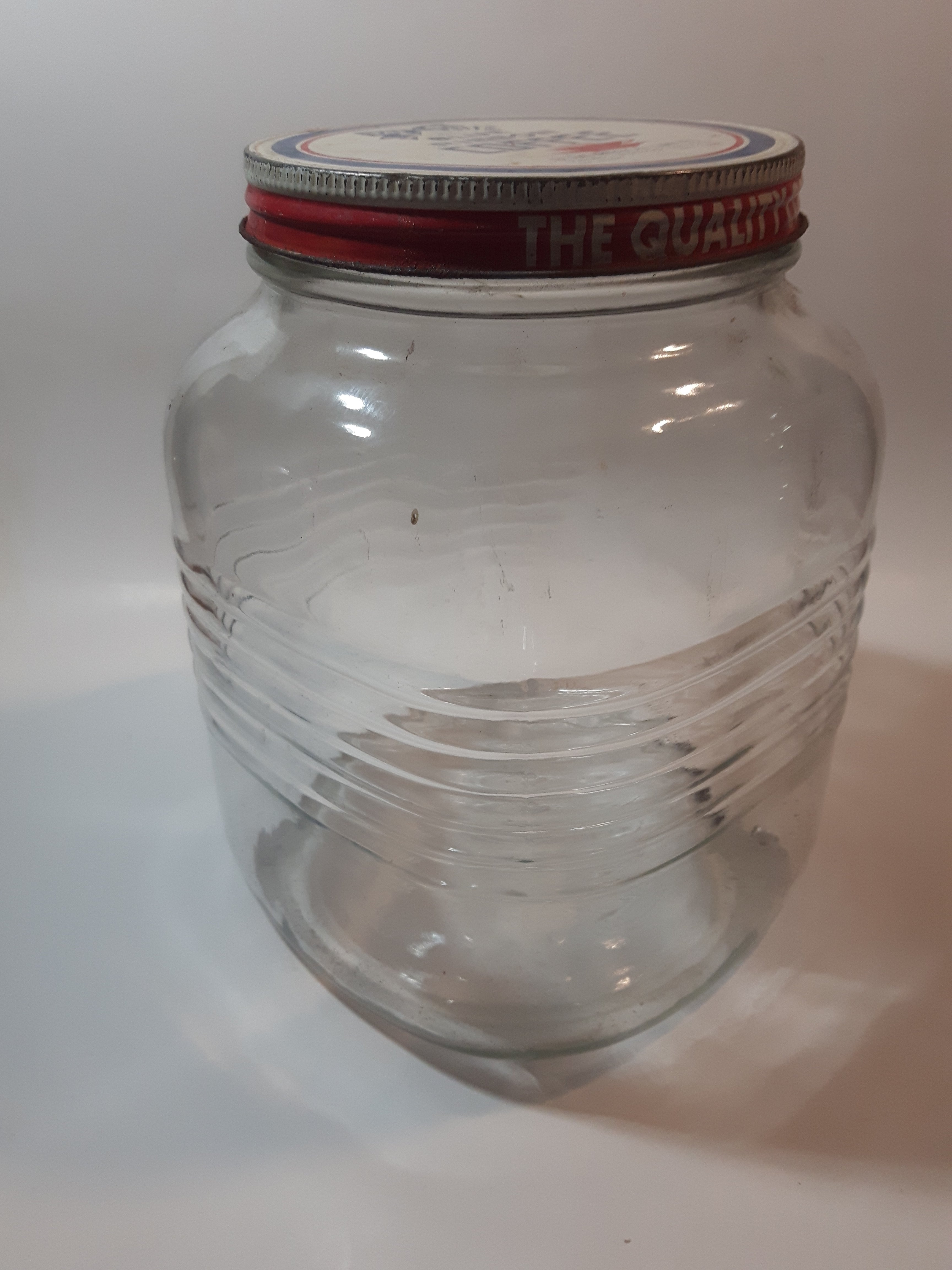 Vintage Blue Ribbon Coffee The Quality Coffee 8" Tall Heavy Ribbed Glass Jar with Metal Lid 11