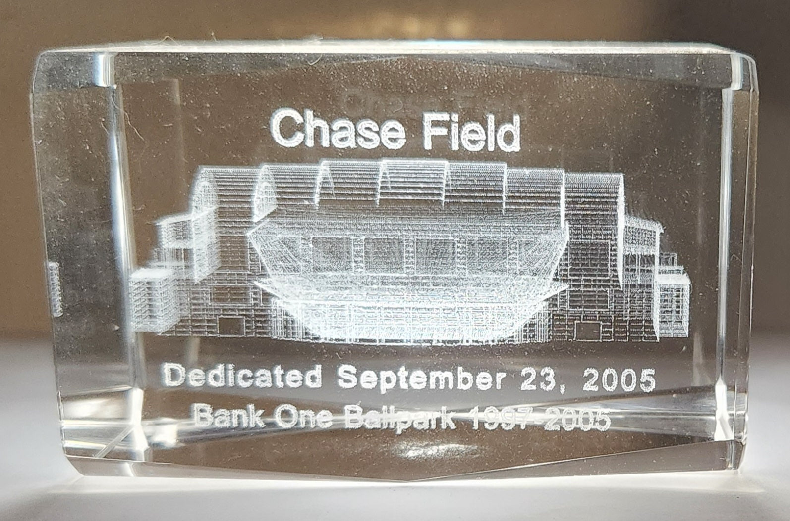 Rare 1997-2005 Chase Field Bank One Ballpark Laser Engraved Glass Paperweight