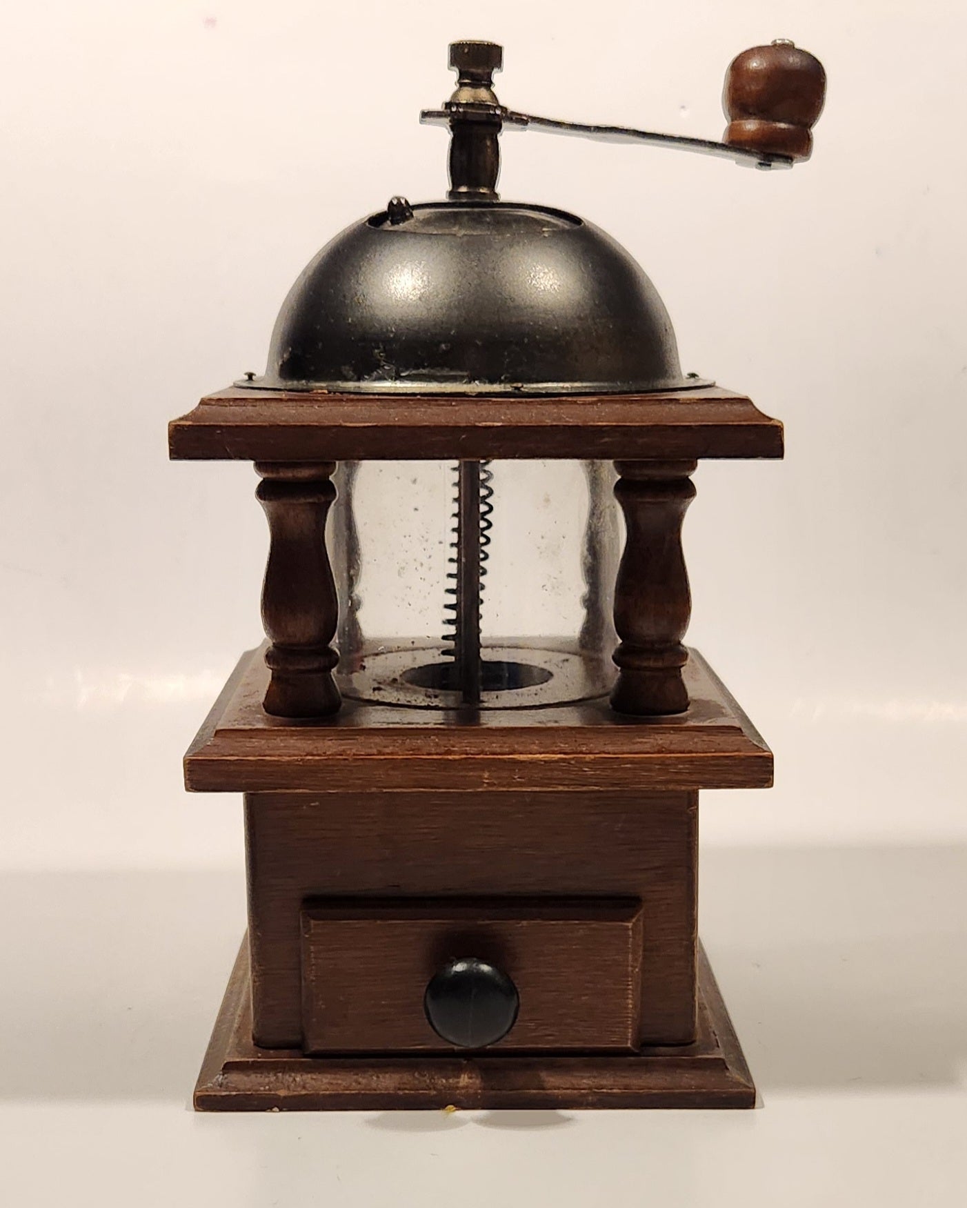 Vintage Giftcraft Glass, Wood, and Metal Coffee Grinder