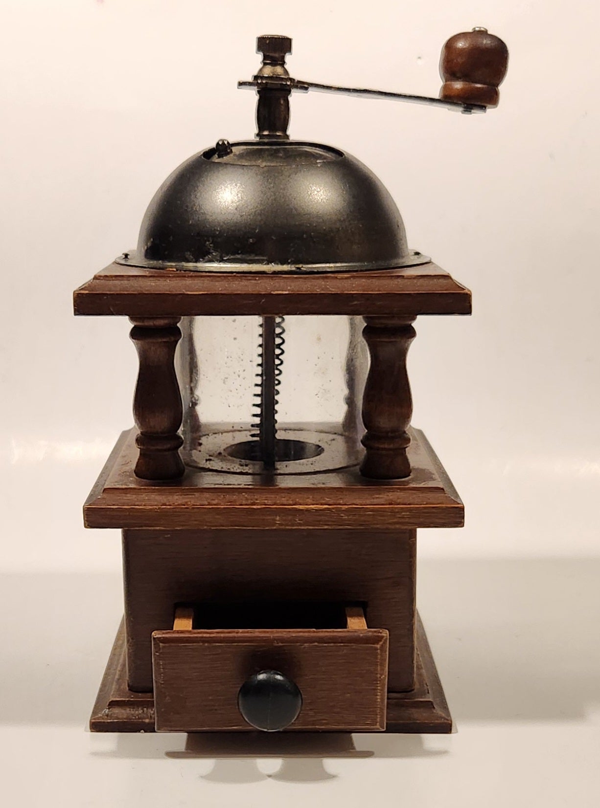 Vintage Giftcraft Glass, Wood, and Metal Coffee Grinder 2