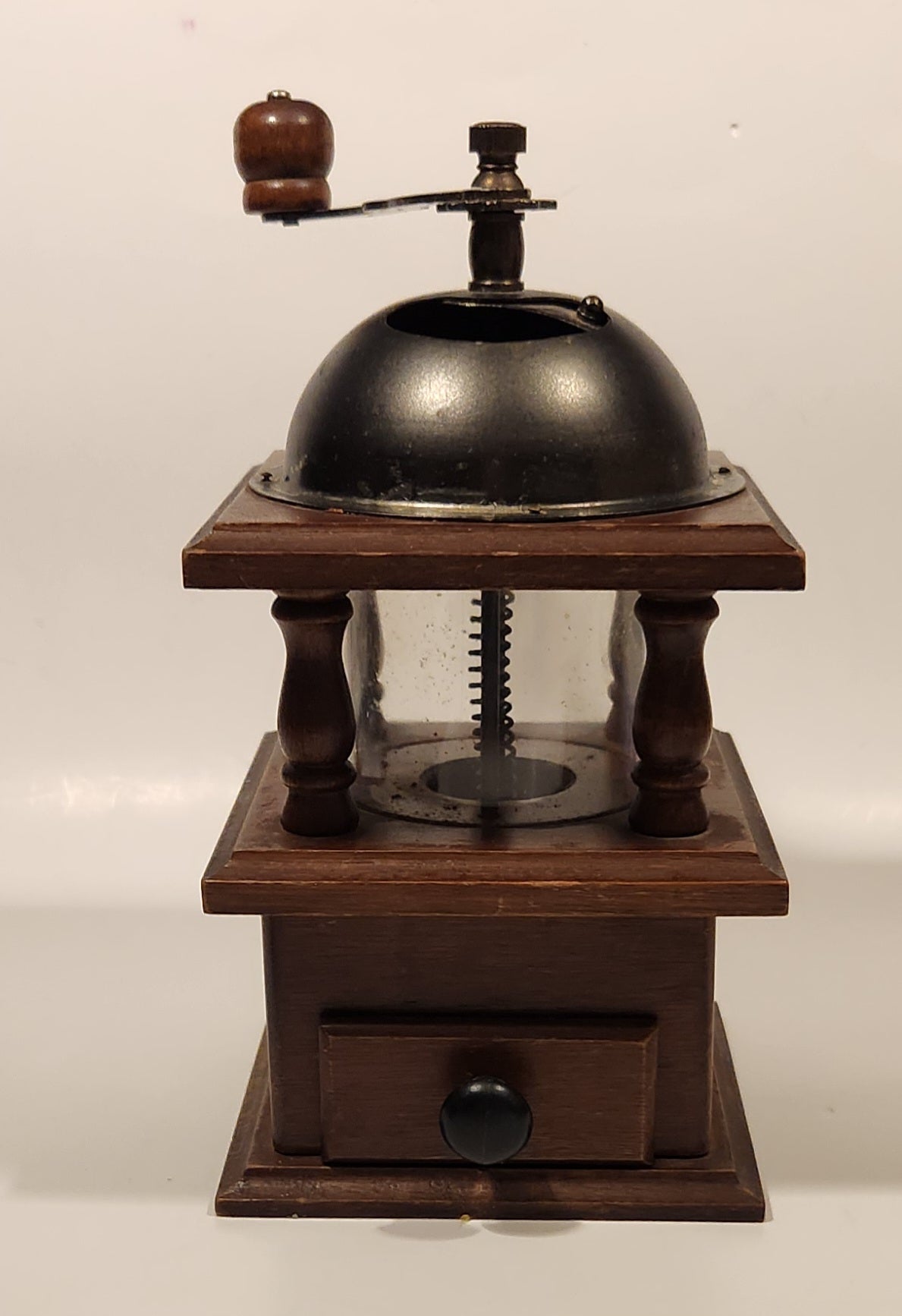 Vintage Giftcraft Glass, Wood, and Metal Coffee Grinder 7