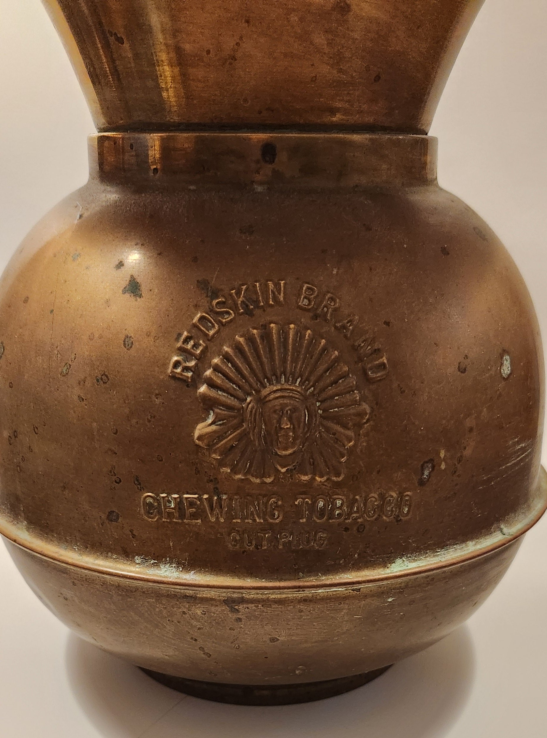 Antique Redskin Brand Chewing Tobacco Cut Plug Large Brass 10" Tall Spittoon 3