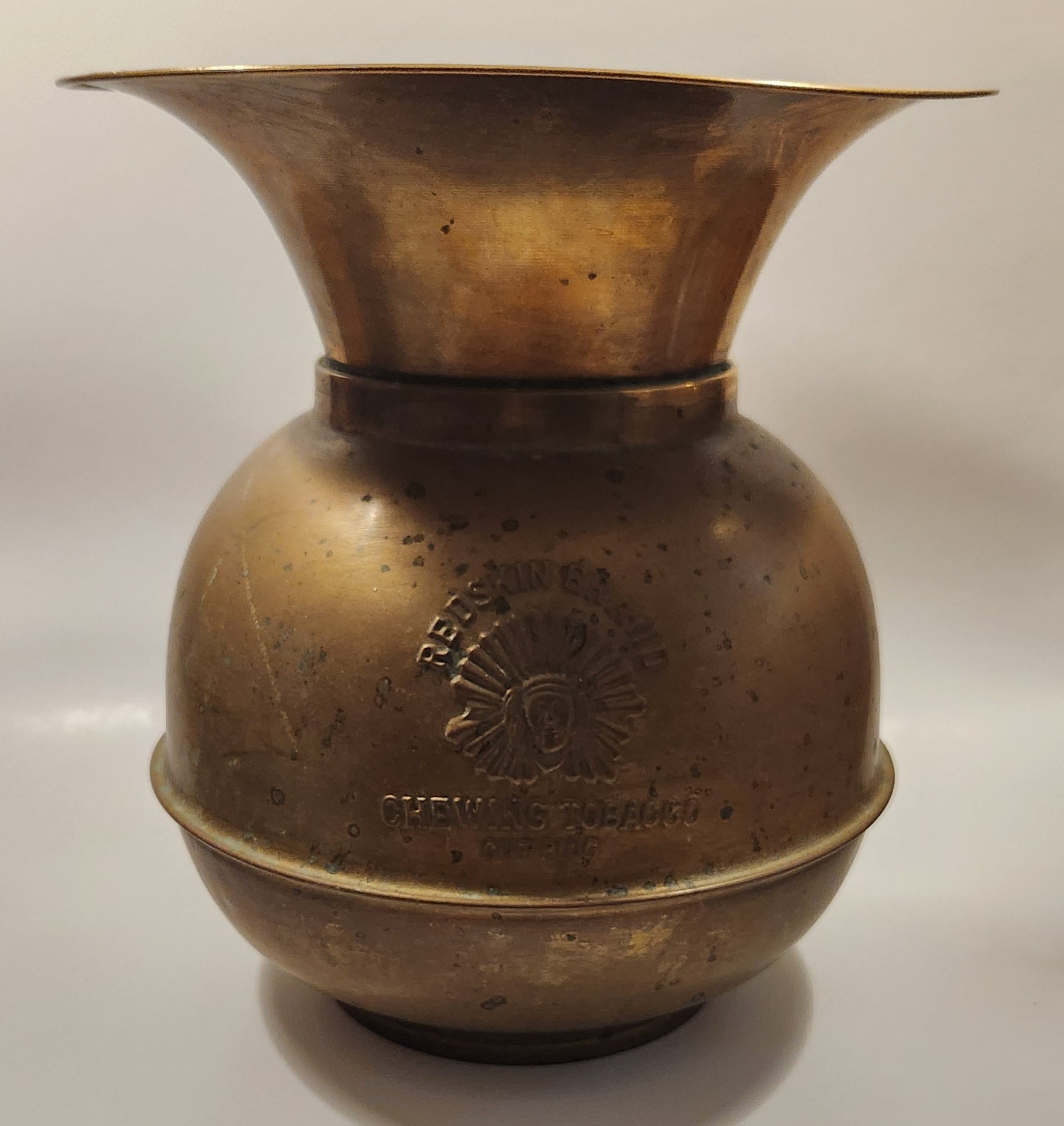 Antique Redskin Brand Chewing Tobacco Cut Plug Large Brass 10" Tall Spittoon 6