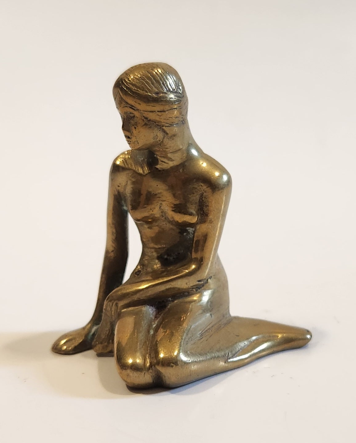 Vintage Miniature The Little Mermaid Nude Woman Sitting 2 1/4" Tall Brass Metal Figure 2