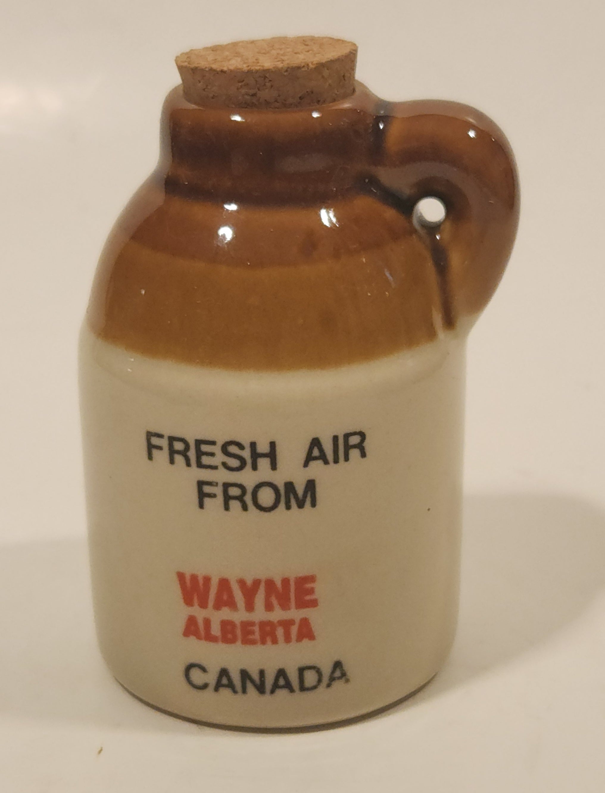 Vintage Fresh Air From Wayne Alberta Canada Stoneware Jug with Cork Plug Gag Gift