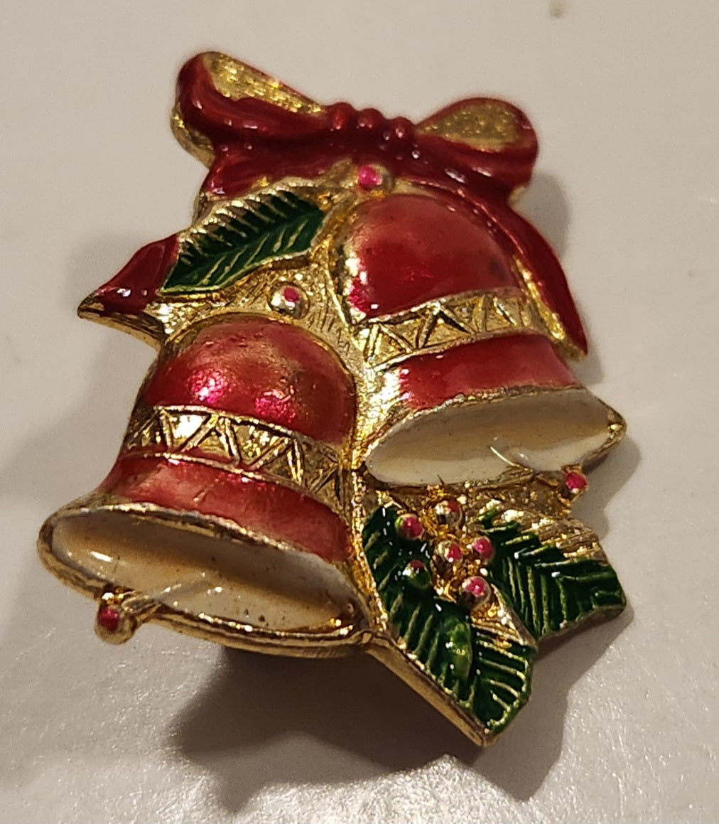 Christmas Bells and Holly Metal Brooch Pin 2