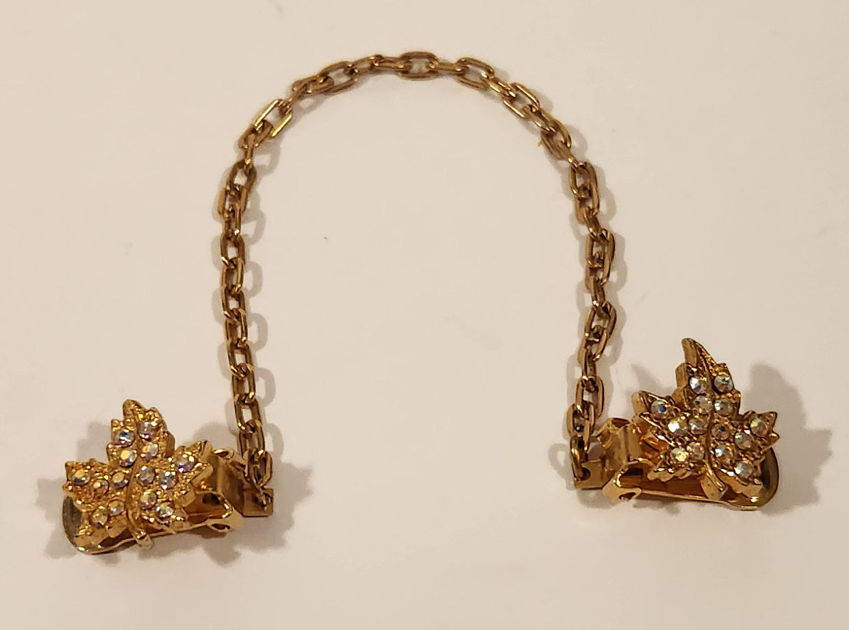 Vintage Sparkling Rhinestone Gold Tone Maple Leaf Double Tie Clip with Chain 2