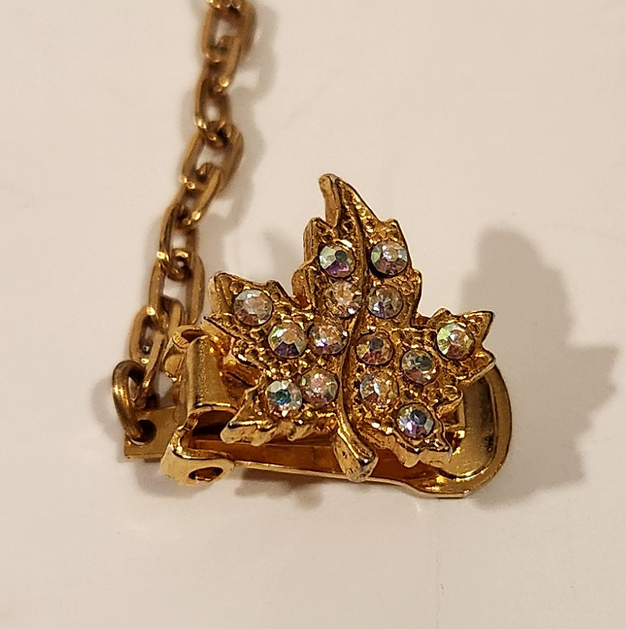 Vintage Sparkling Rhinestone Gold Tone Maple Leaf Double Tie Clip with Chain 3