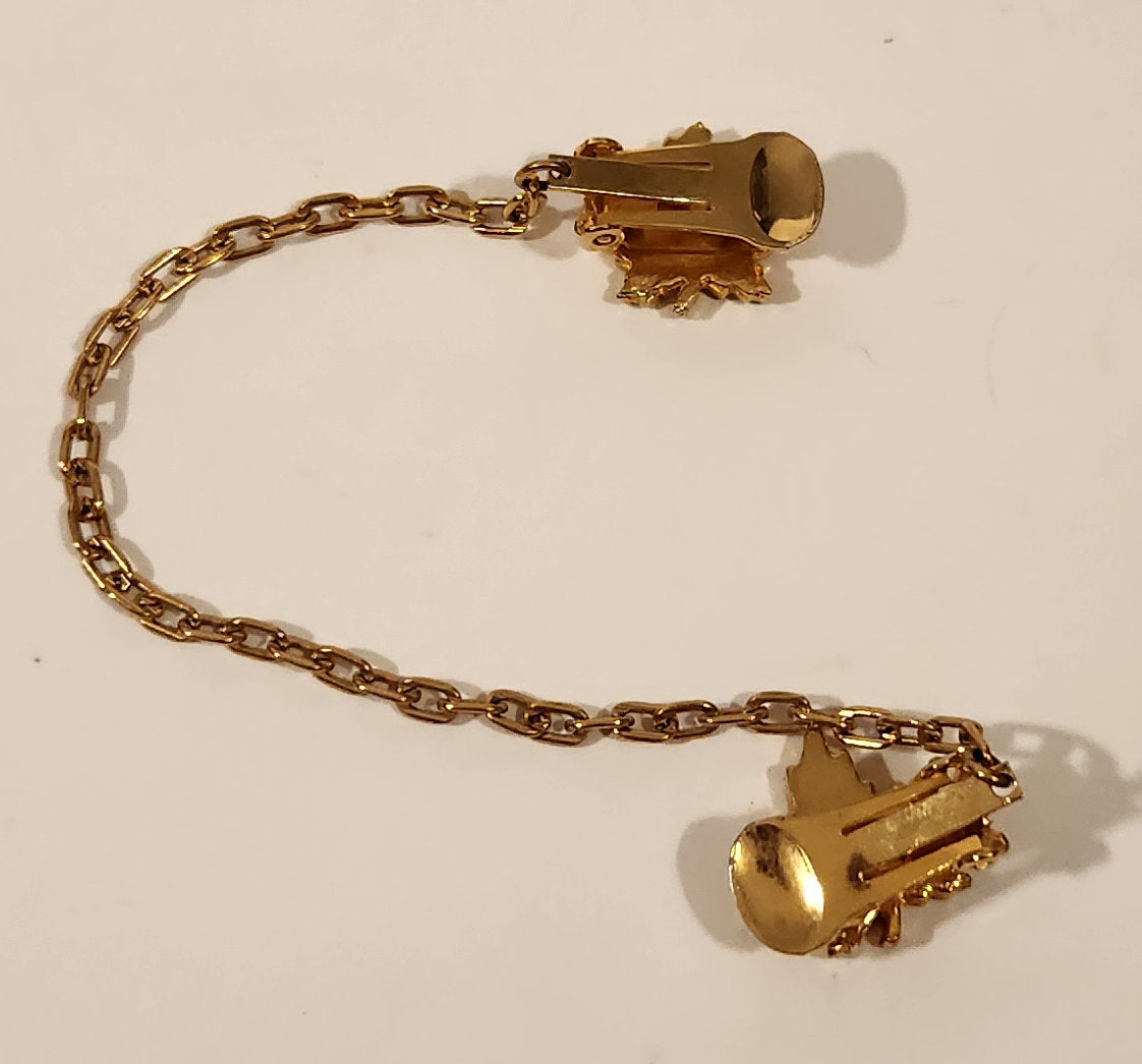 Vintage Sparkling Rhinestone Gold Tone Maple Leaf Double Tie Clip with Chain 6
