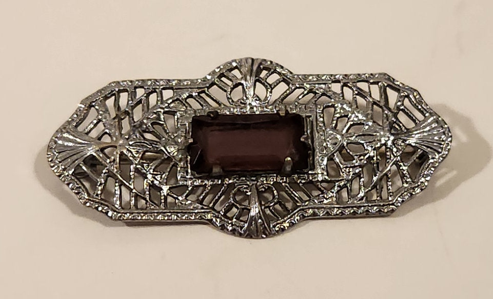 Antique Edwardian Amethyst Chromium Silver Filigree Brooch Pin 2