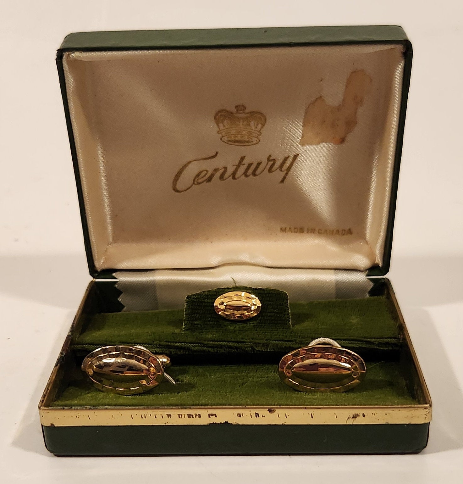 Vintage Century Made in Canada Peanut Style Gold Plated Cufflinks and Tie Tack Set in Original Box