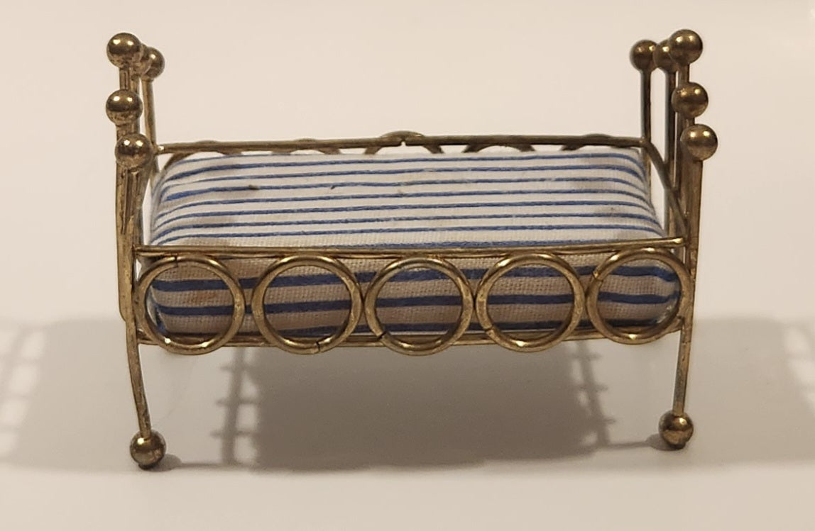 Vintage Doll Bed with Mattress Dollhouse Brass Miniature 3 1/2" Long 2