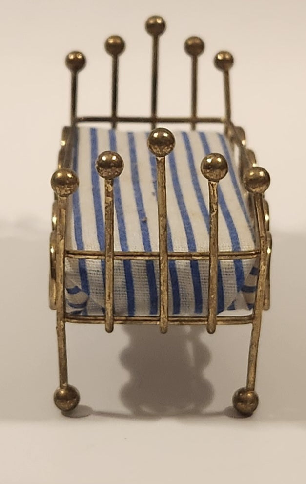 Vintage Doll Bed with Mattress Dollhouse Brass Miniature 3 1/2" Long 3