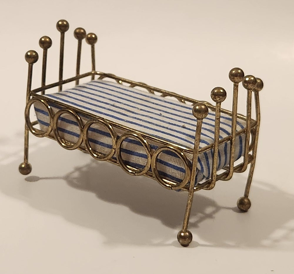 Vintage Doll Bed with Mattress Dollhouse Brass Miniature 3 1/2" Long 4
