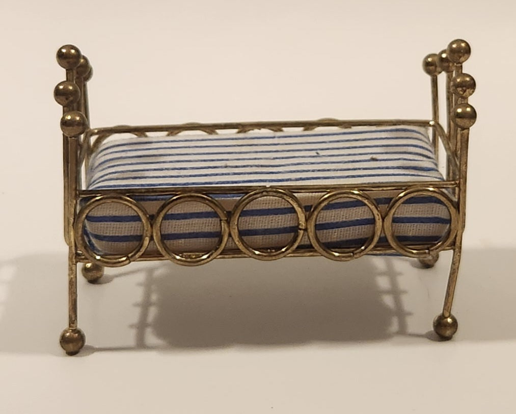 Vintage Doll Bed with Mattress Dollhouse Brass Miniature 3 1/2" Long 5