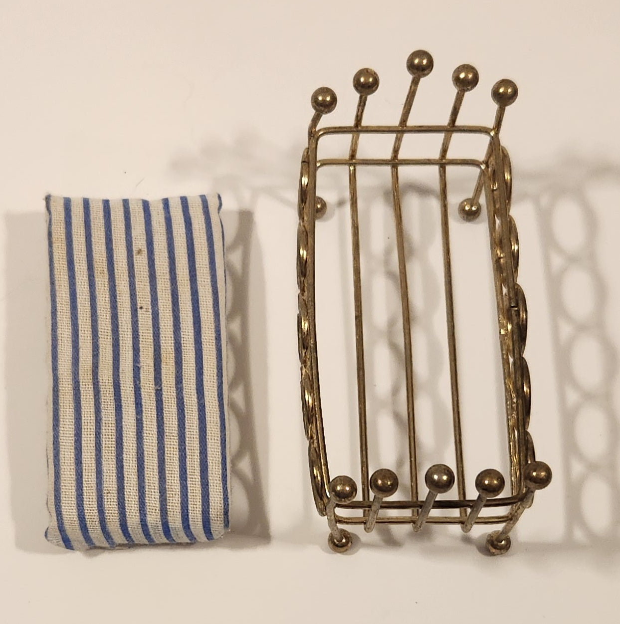 Vintage Doll Bed with Mattress Dollhouse Brass Miniature 3 1/2" Long 8