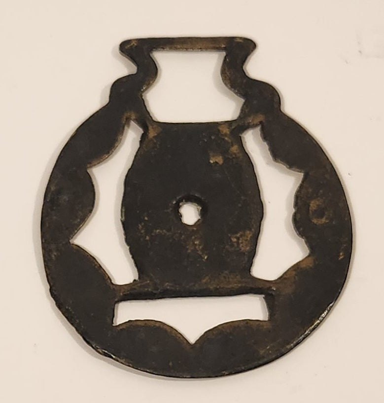 Antique Keg Barrel Themed Horse Brass Medallion 3" x 3 3/4" 2