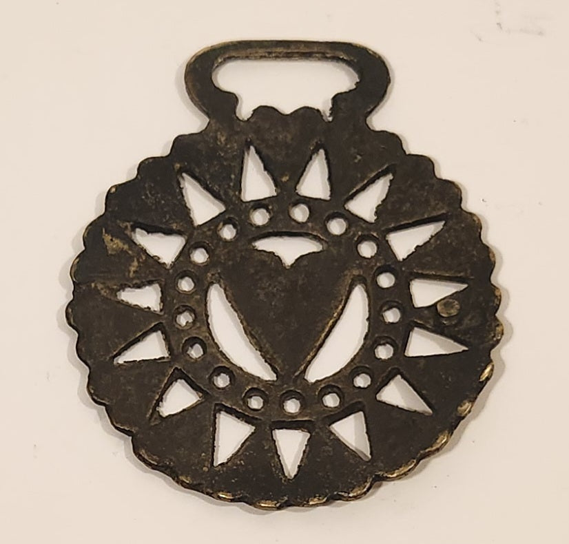 Antique Heart Themed Horse Brass Medallion 3" x 3 1/2" 2