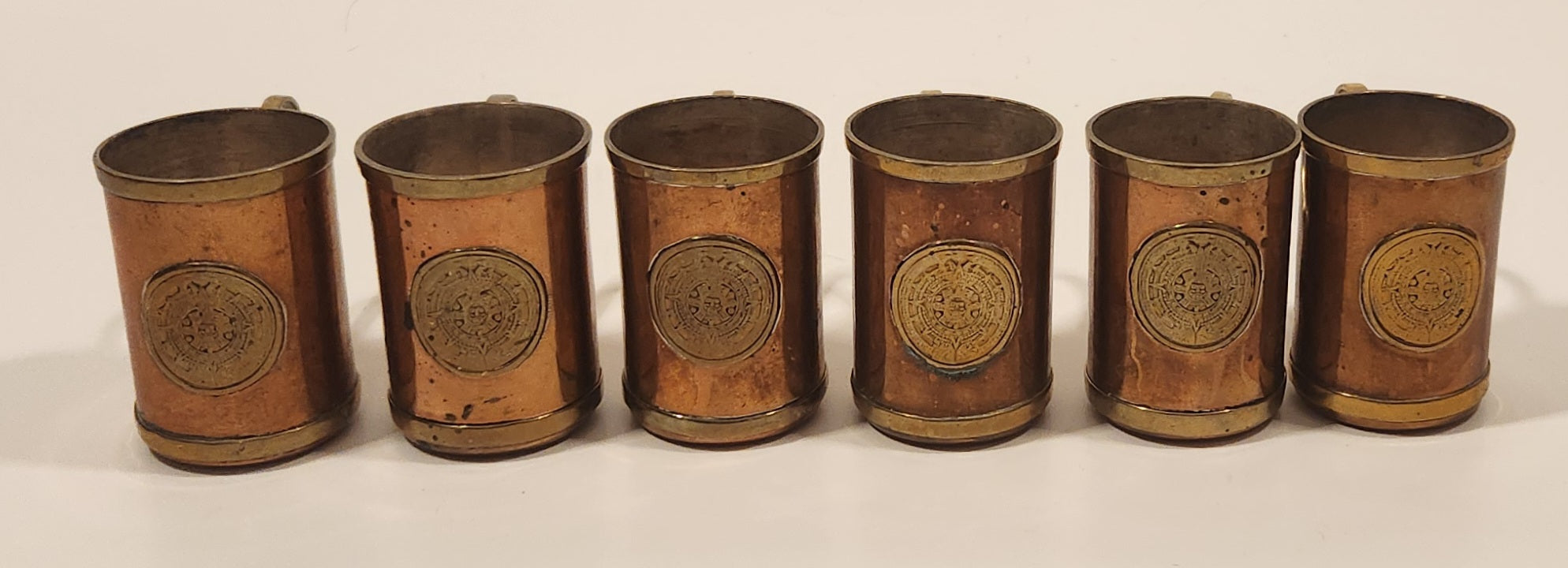 Antique Brass and Copper Aztec Mayan Calendar Small Mug Set of 6 3